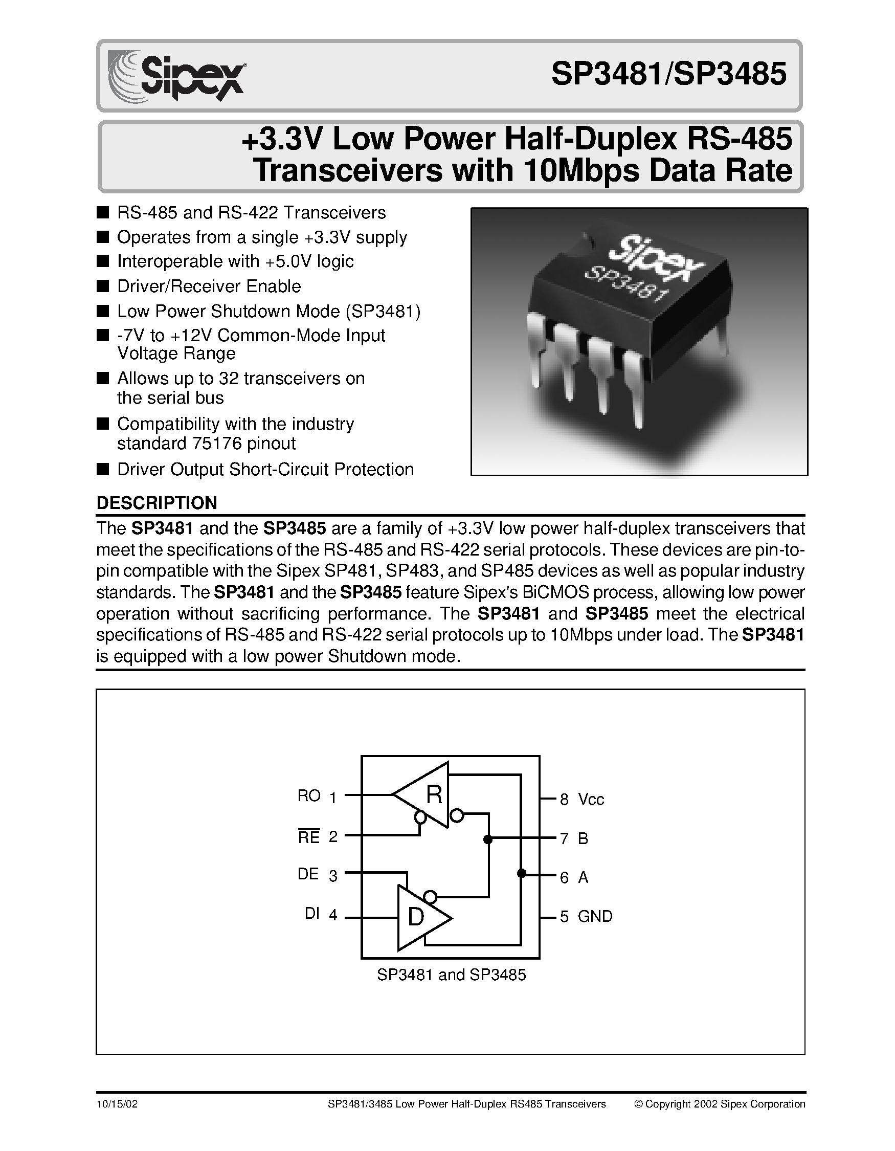 Datasheet SP3485 - +3.3V Low Power Half-Duplex RS-485 Transceivers with 10Mbps Data Rate page 1