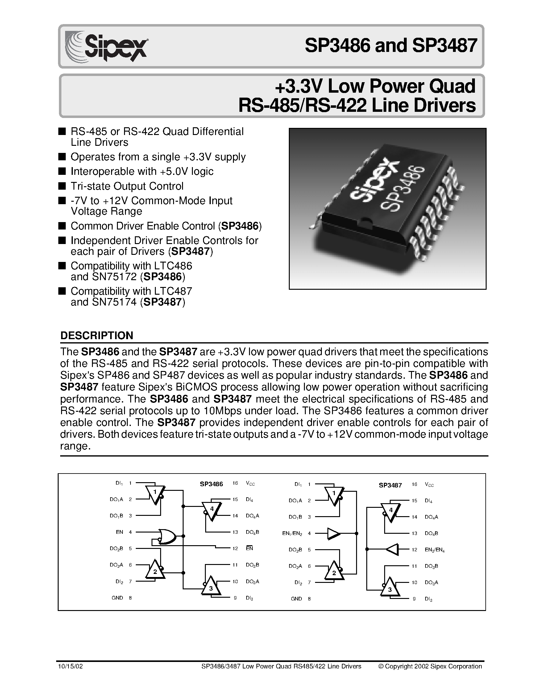 Datasheet SP3486 - +3.3V Low Power Quad RS-485/RS-422 Line Drivers page 1