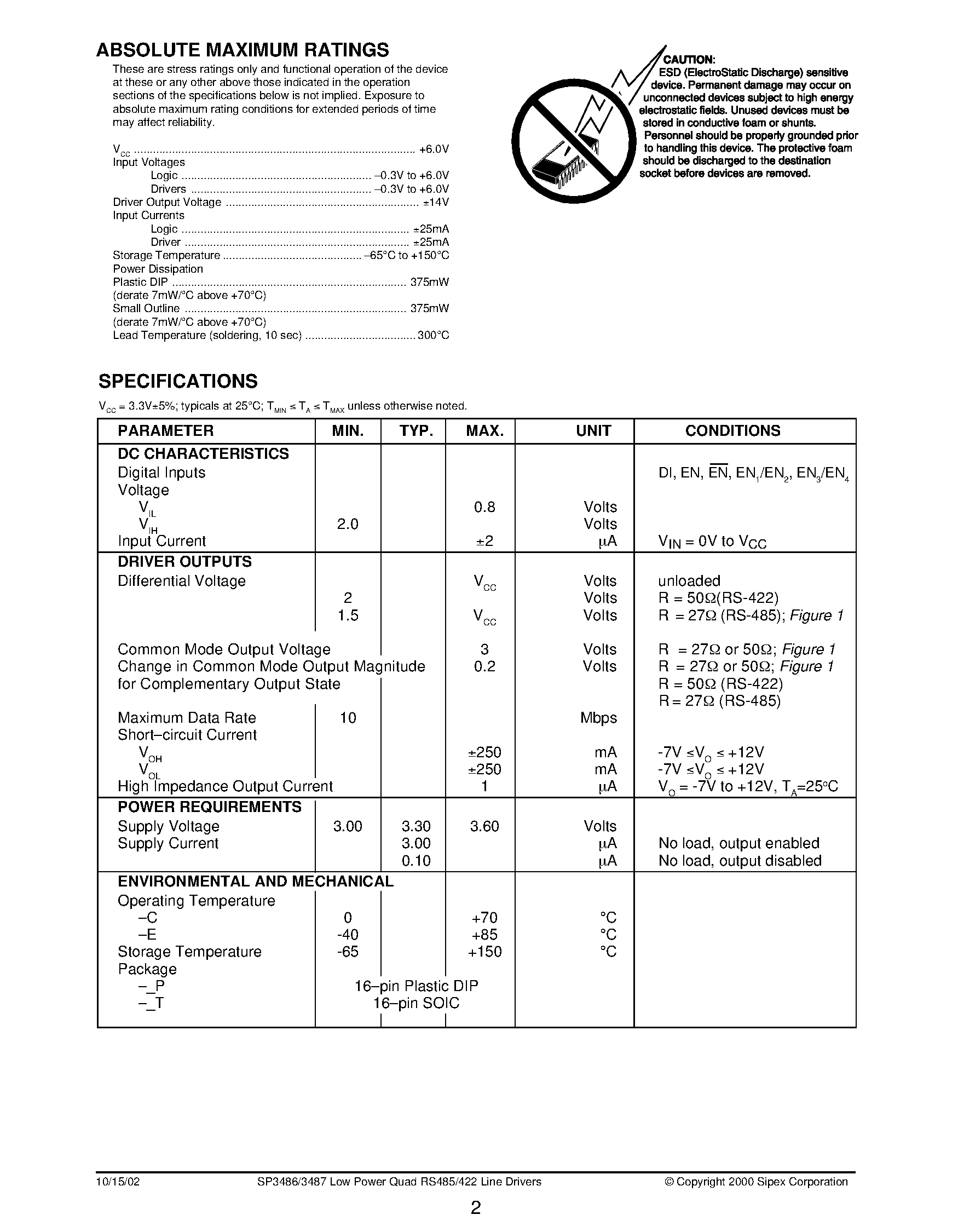Datasheet SP3486 - +3.3V Low Power Quad RS-485/RS-422 Line Drivers page 2