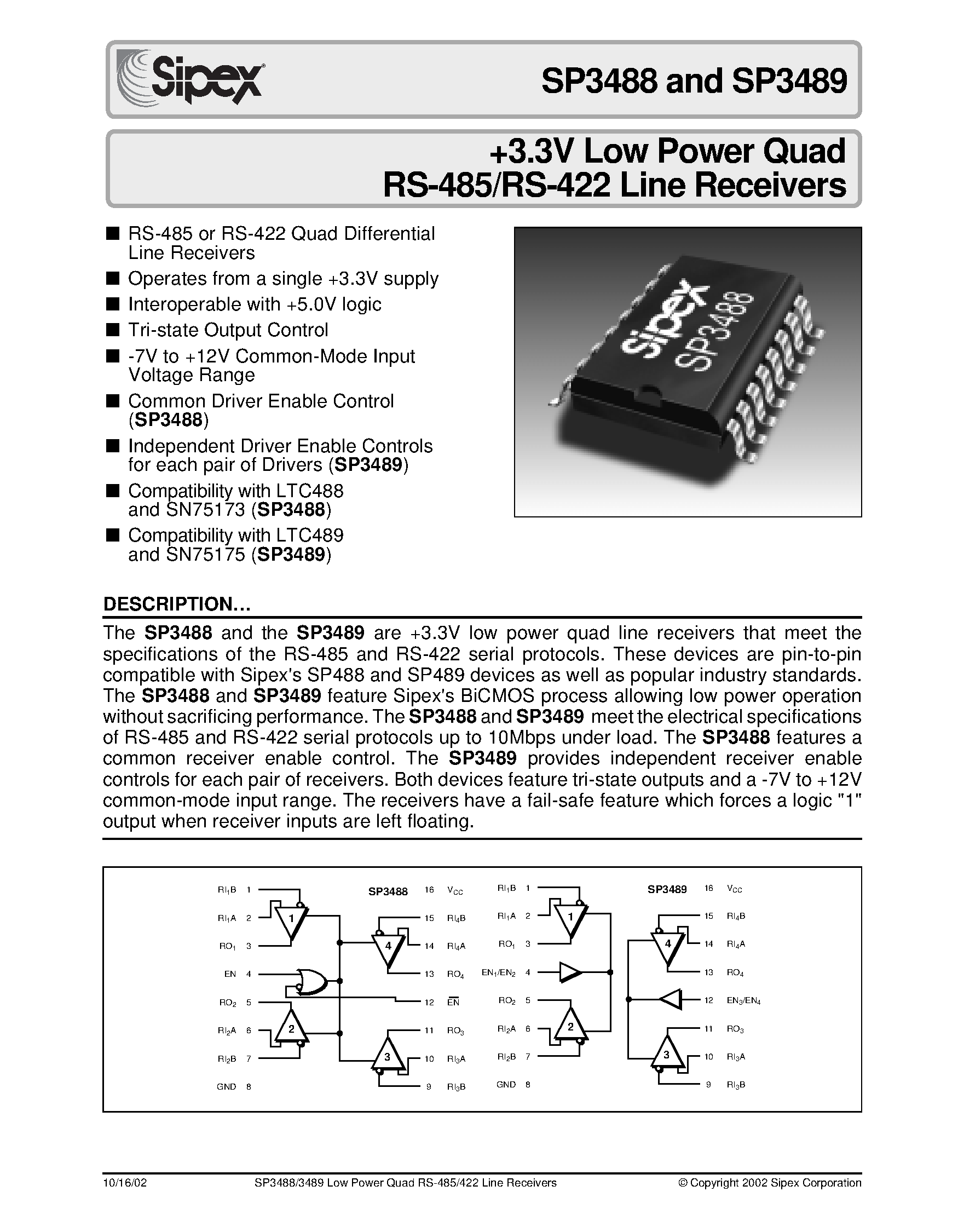 Datasheet SP3488 - +3.3V Low Power Quad RS-485/RS-422 Line Receivers page 1