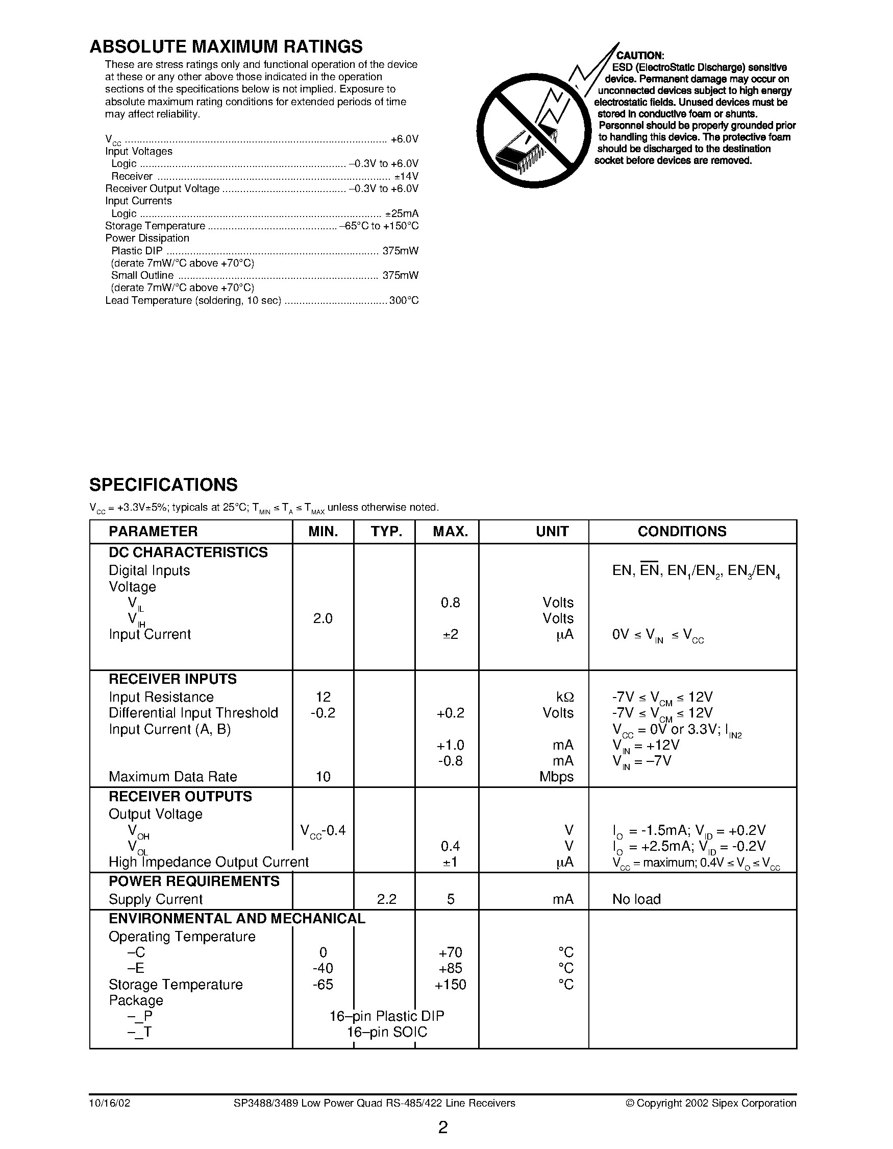 Datasheet SP3488 - +3.3V Low Power Quad RS-485/RS-422 Line Receivers page 2
