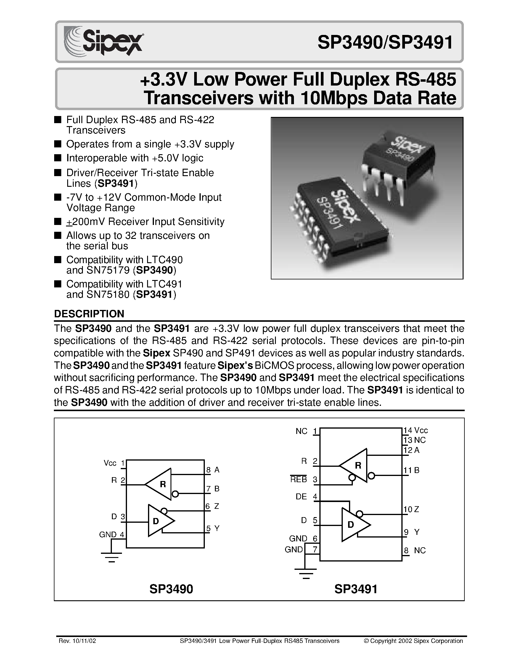 Datasheet SP3490 - +3.3V Low Power Full Duplex RS-485 Transceivers with 10Mbps Data Rate page 1