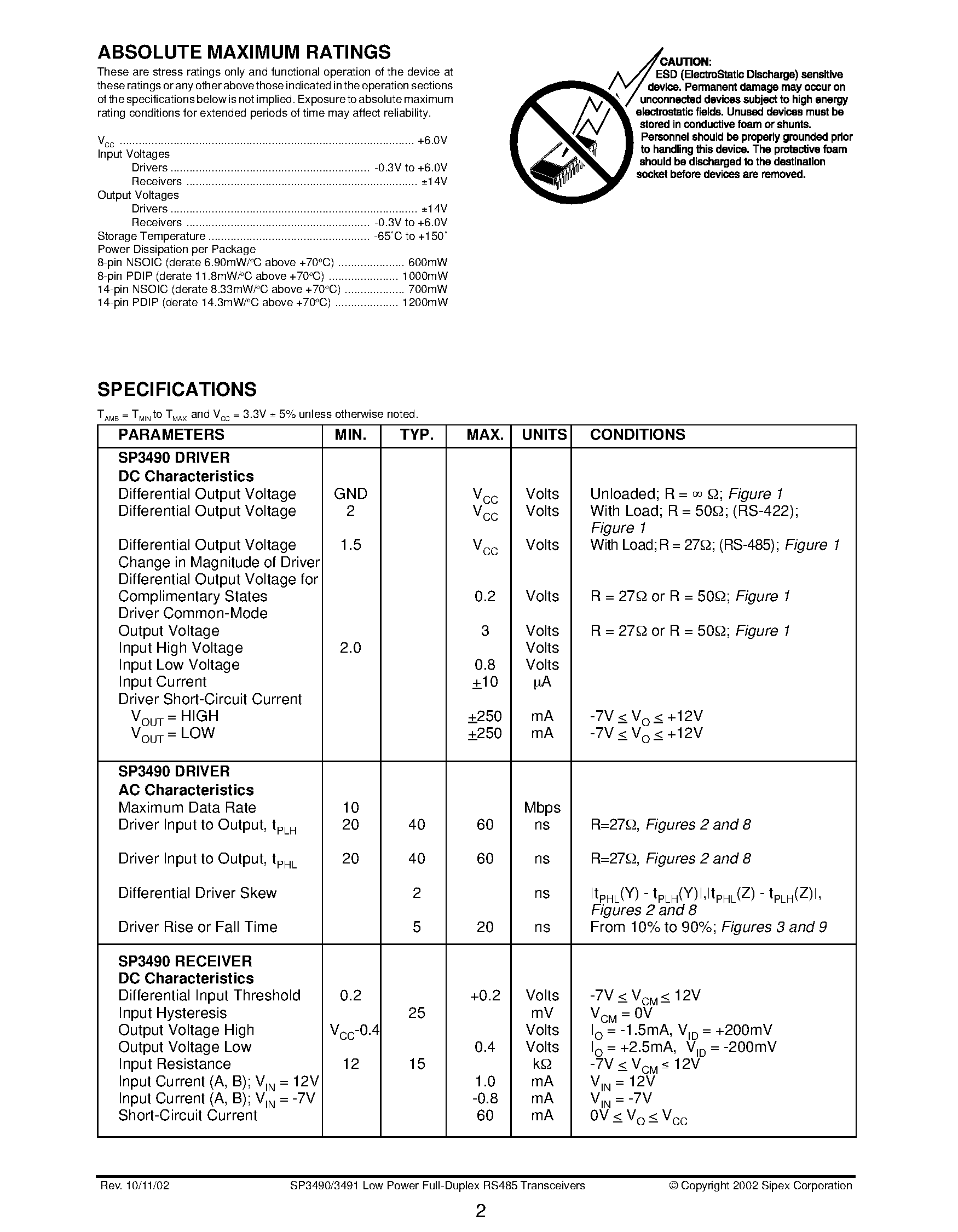 Datasheet SP3490 - +3.3V Low Power Full Duplex RS-485 Transceivers with 10Mbps Data Rate page 2