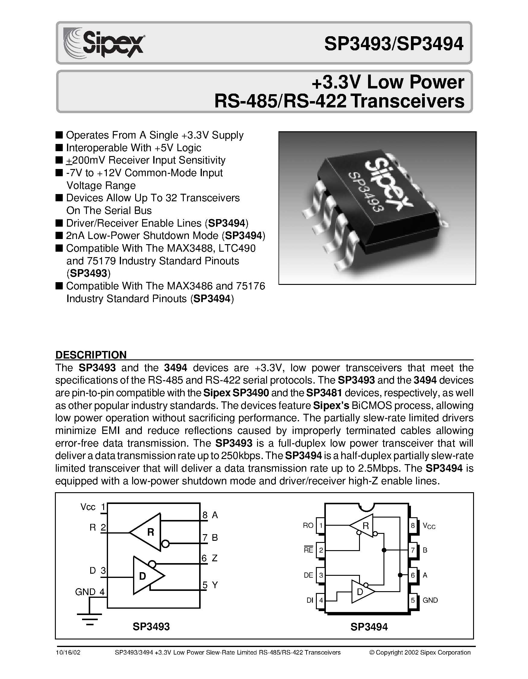 Datasheet SP3493 - +3.3V Low Power RS-485/RS-422 Transceivers page 1