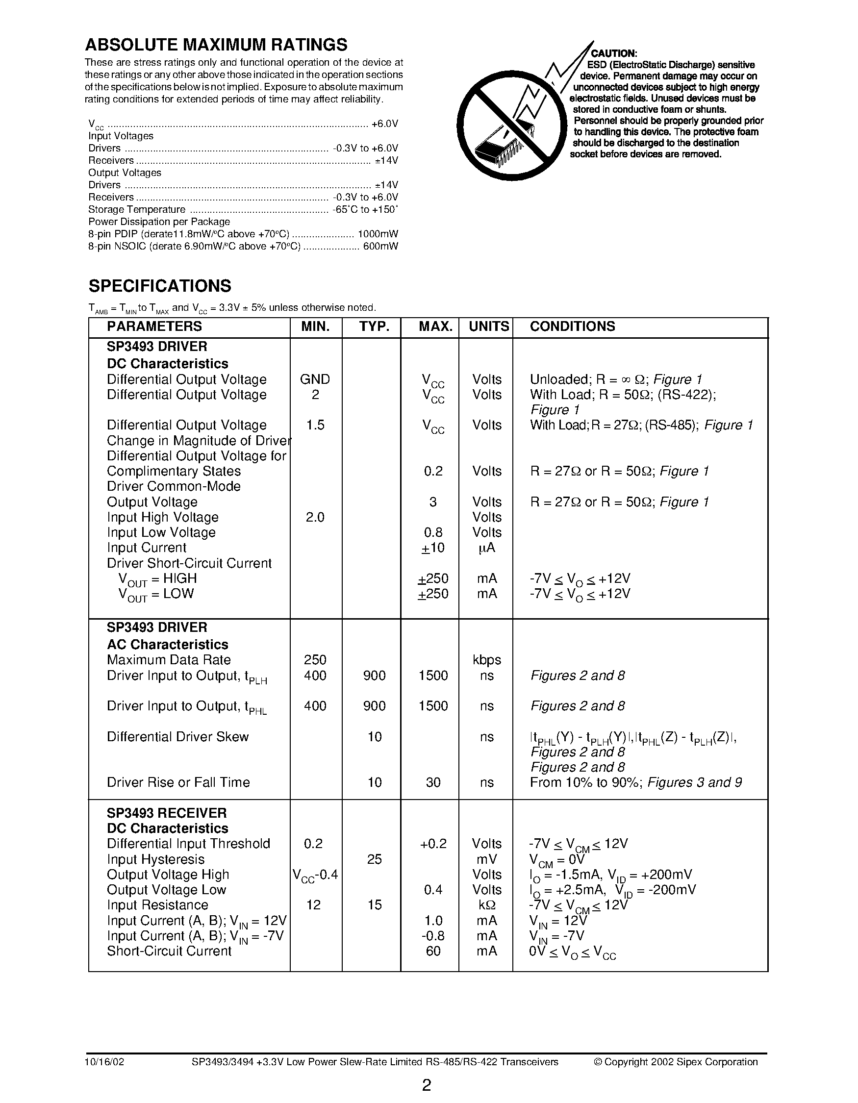 Datasheet SP3494 - +3.3V Low Power RS-485/RS-422 Transceivers page 2