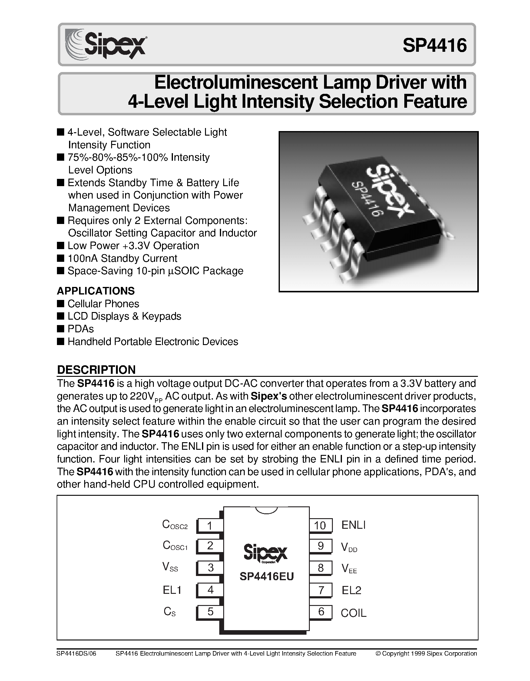 Datasheet SP4416EU - Electroluminescent Lamp Driver with 4-Level Light Intensity Selection Feature page 1