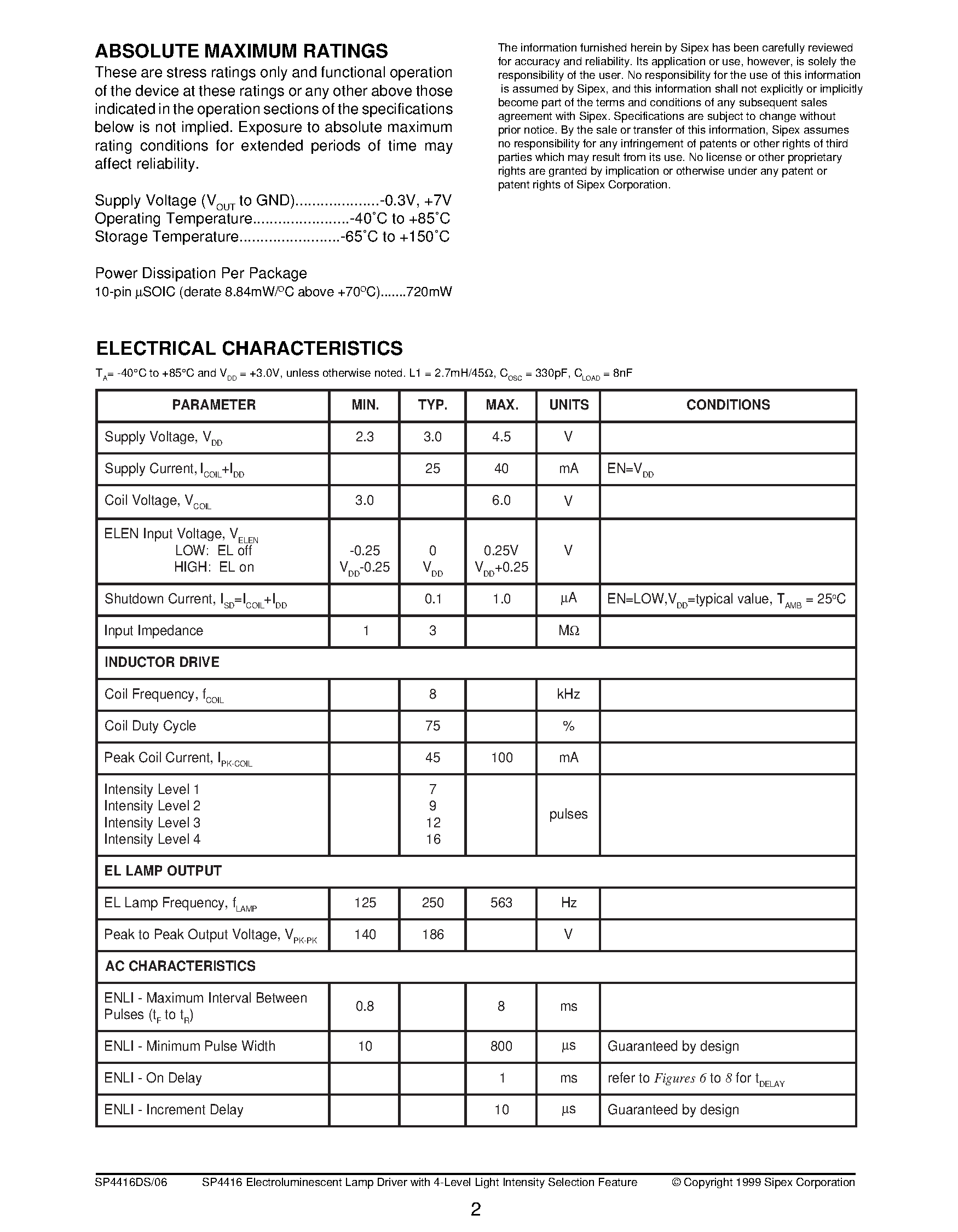 Datasheet SP4416EU - Electroluminescent Lamp Driver with 4-Level Light Intensity Selection Feature page 2