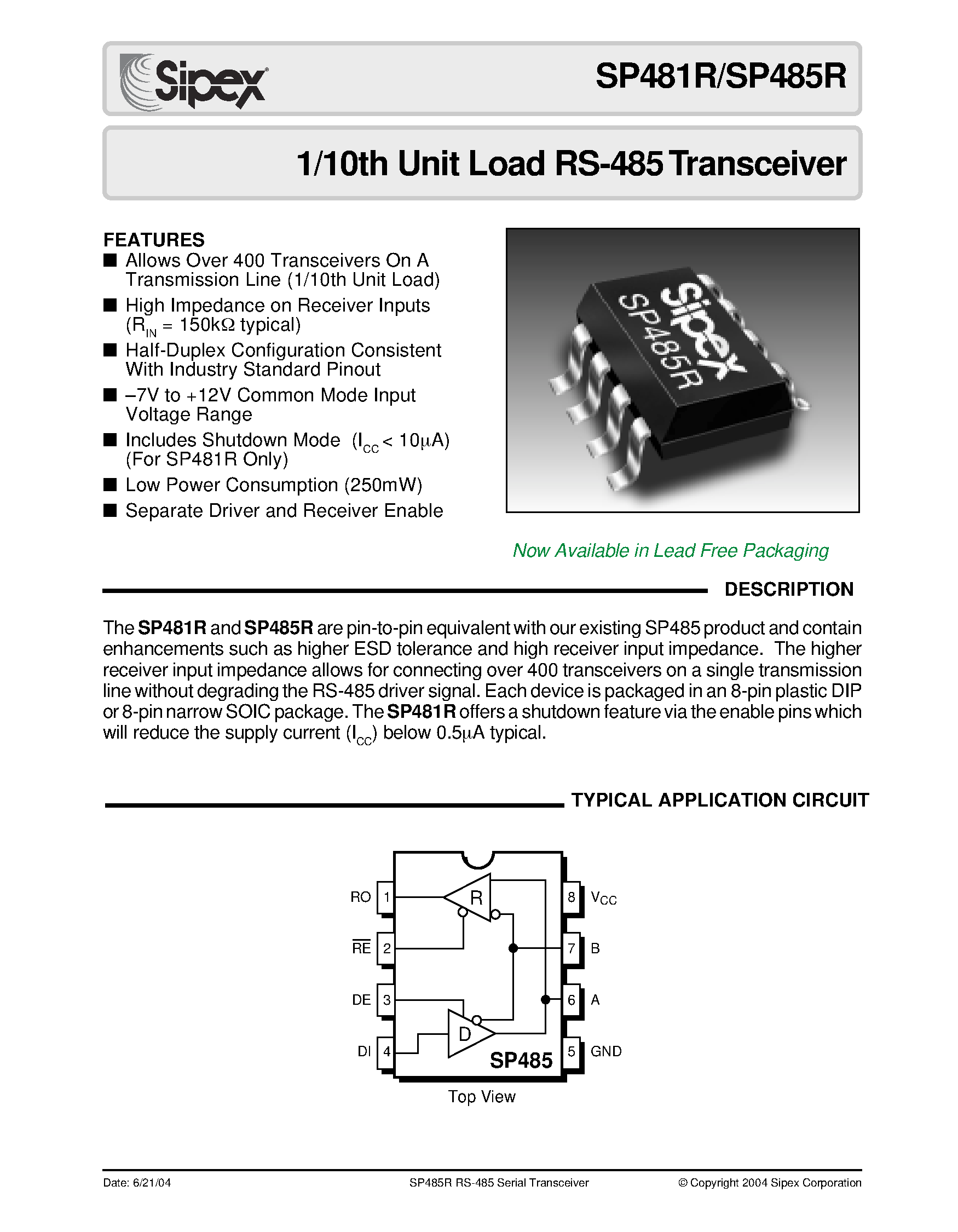 Datasheet SP481REN - 1/10th Unit Load RS-485 Transceiver page 1