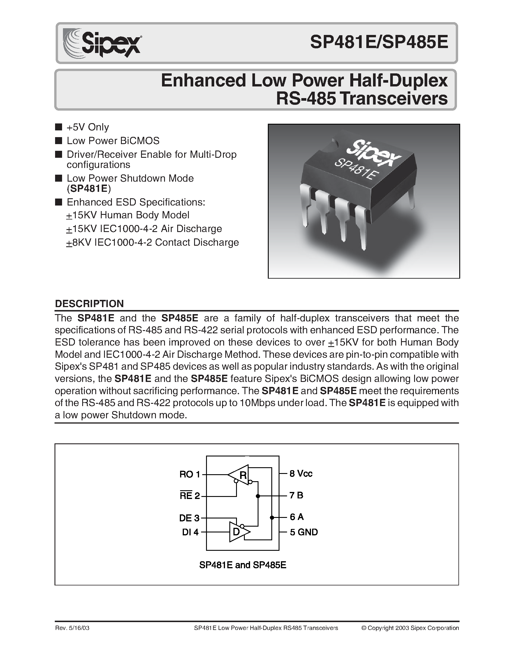 Даташит на микросхему SP485E страница 1 Даташит SP485E - Enhanced Low Power Half-Duplex RS-485 Transceivers страница 1