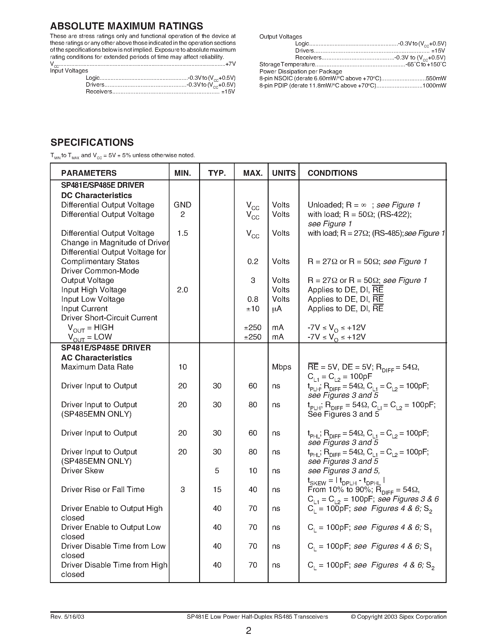 Даташит на микросхему SP485E страница 2 Даташит SP485E - Enhanced Low Power Half-Duplex RS-485 Transceivers страница 2
