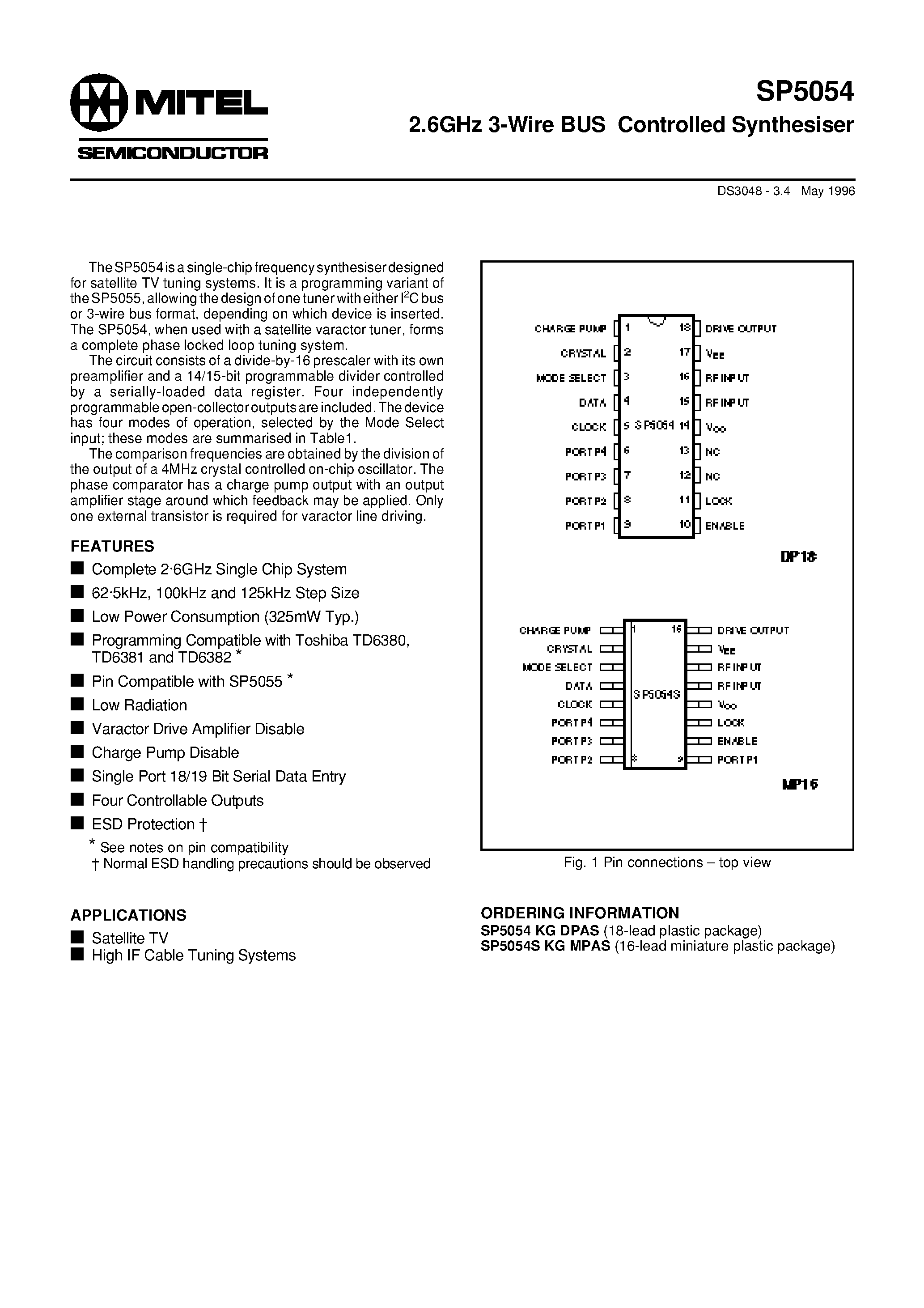 Datasheet SP5054SKGMPAS - 2.6GHz 3-Wire BUS Controlled Synthesiser page 1