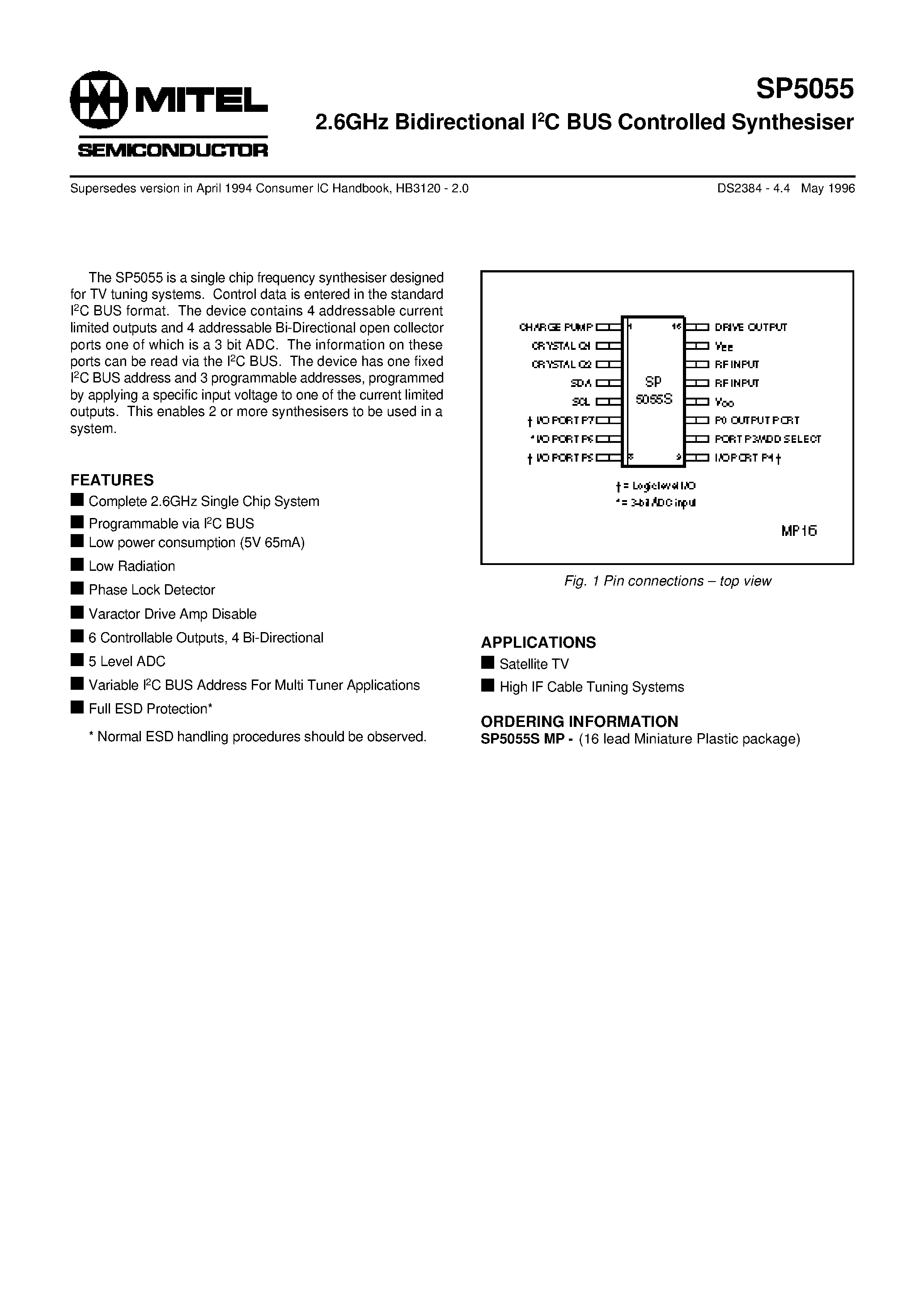 Datasheet SP5055 - 2.6GHz Bidirectional I2C BUS Controlled Synthesiser page 1