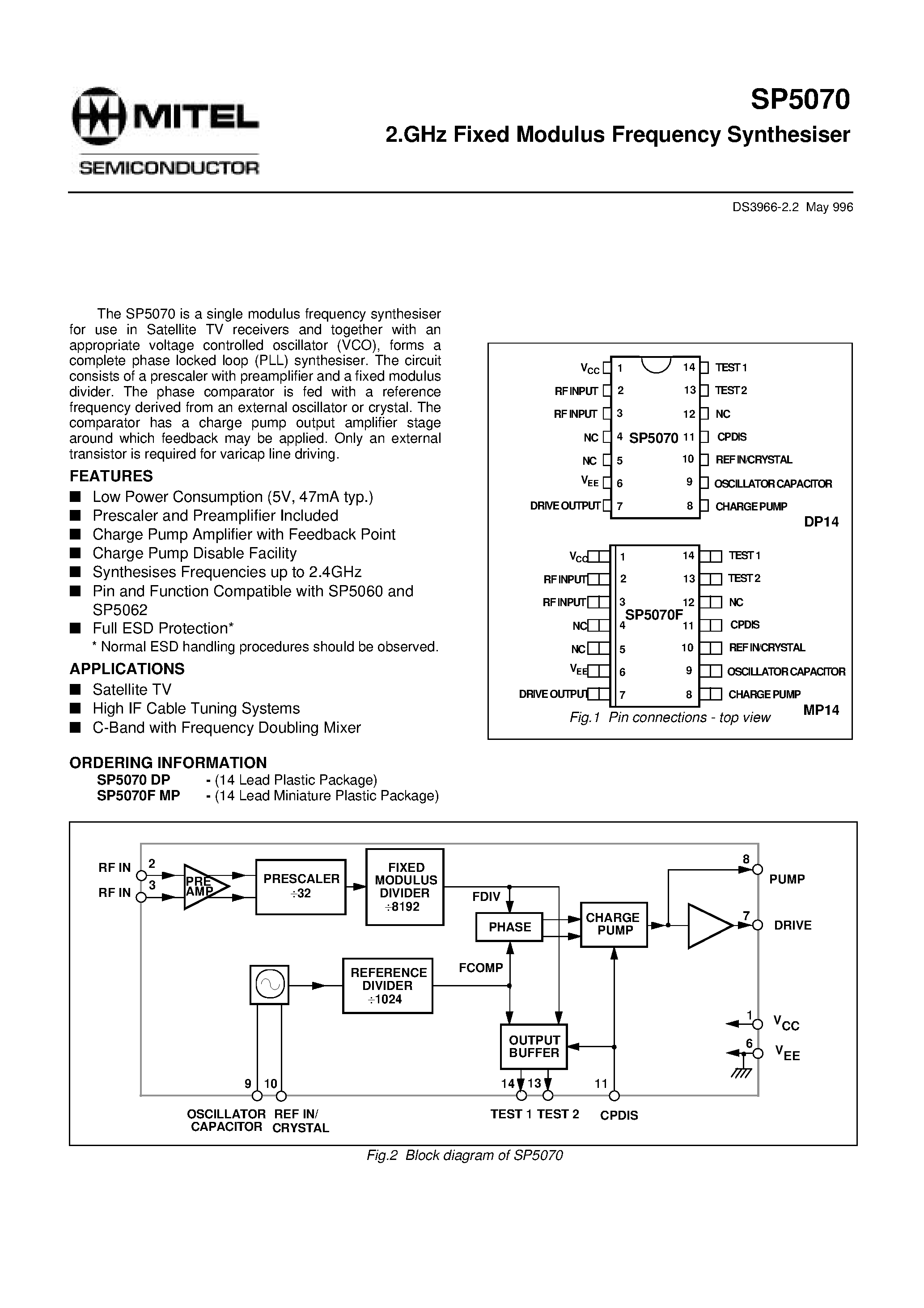 Datasheet SP5070DP - 2.GHz Fixed Modulus Frequency Synthesiser page 1