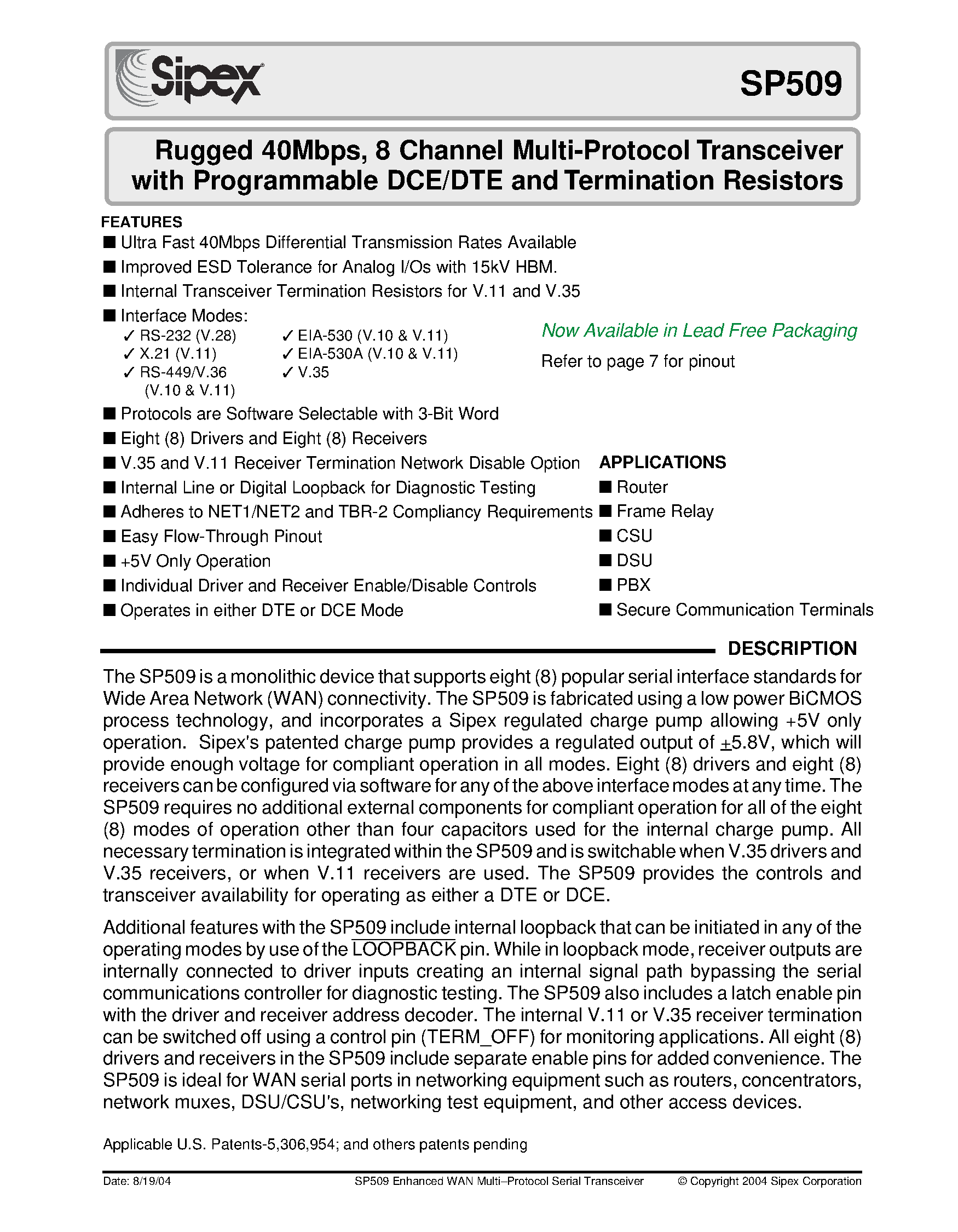 Даташит SP509 - Rugged 40Mbps / 8 Channel Multi-Protocol Transceiver with Programmable DCE/DTE and Termination Resistors страница 1