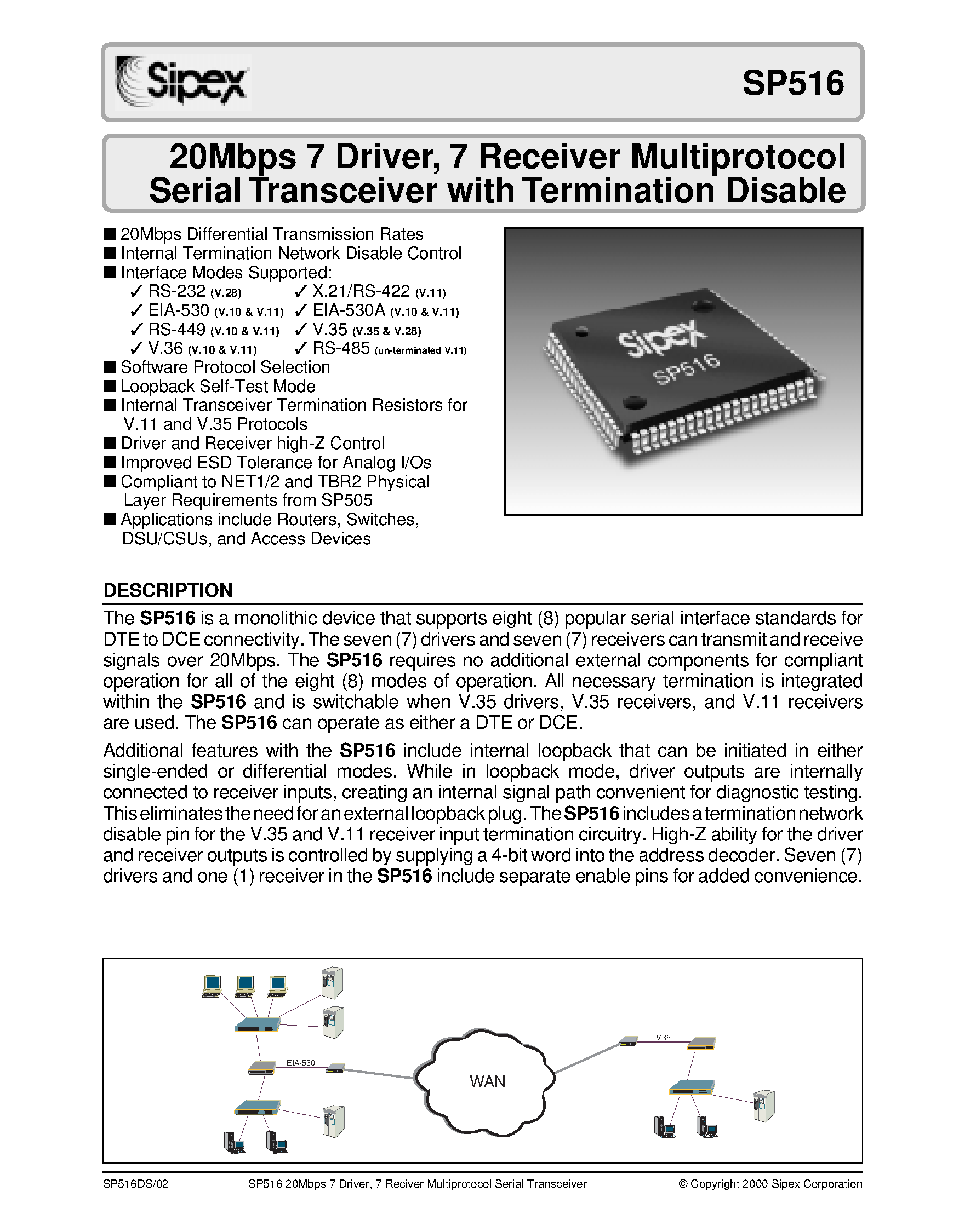 Datasheet SP516 - 20Mbps 7 Driver / 7 Receiver Multiprotocol Serial Transceiver with Termination Disable page 1