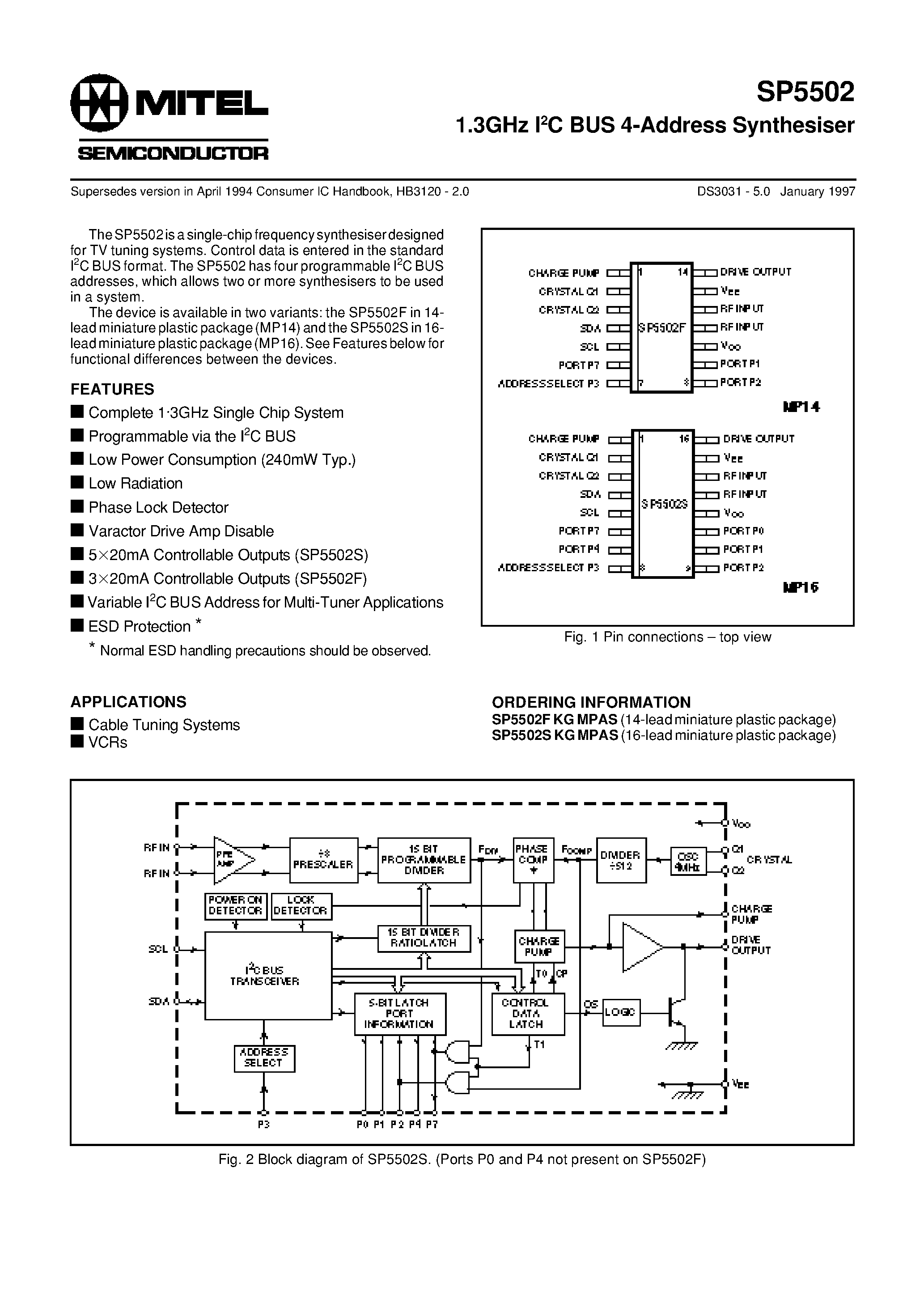 Даташит на микросхему SP5502FKGMPAS страница 1 Даташит SP5502FKGMPAS - 1.3GHz I2C BUS 4-Address Synthesiser страница 1