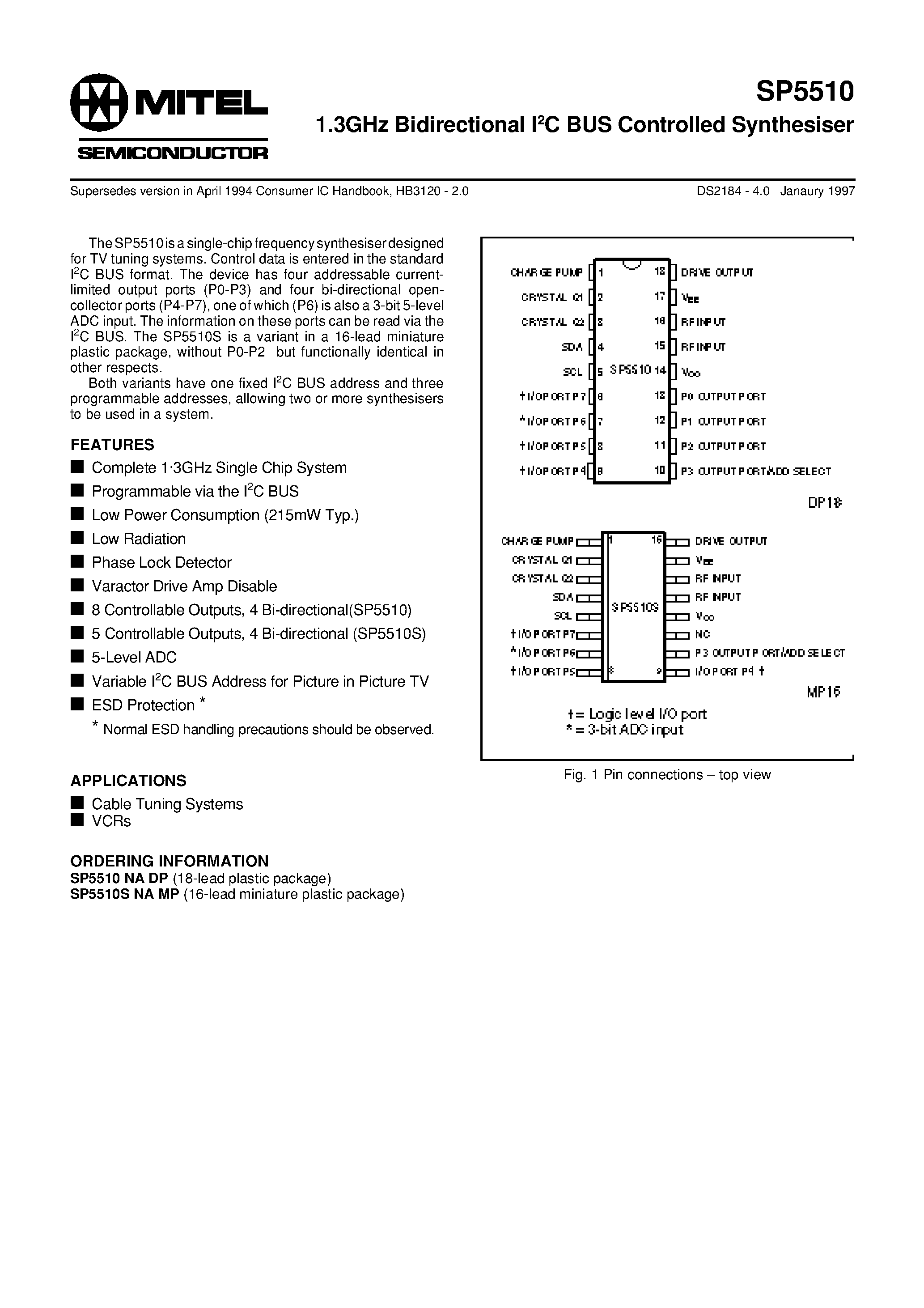 Datasheet SP5510SNAMP - 1.3GHz Bidirectional I2C BUS Controlled Synthesiser page 1