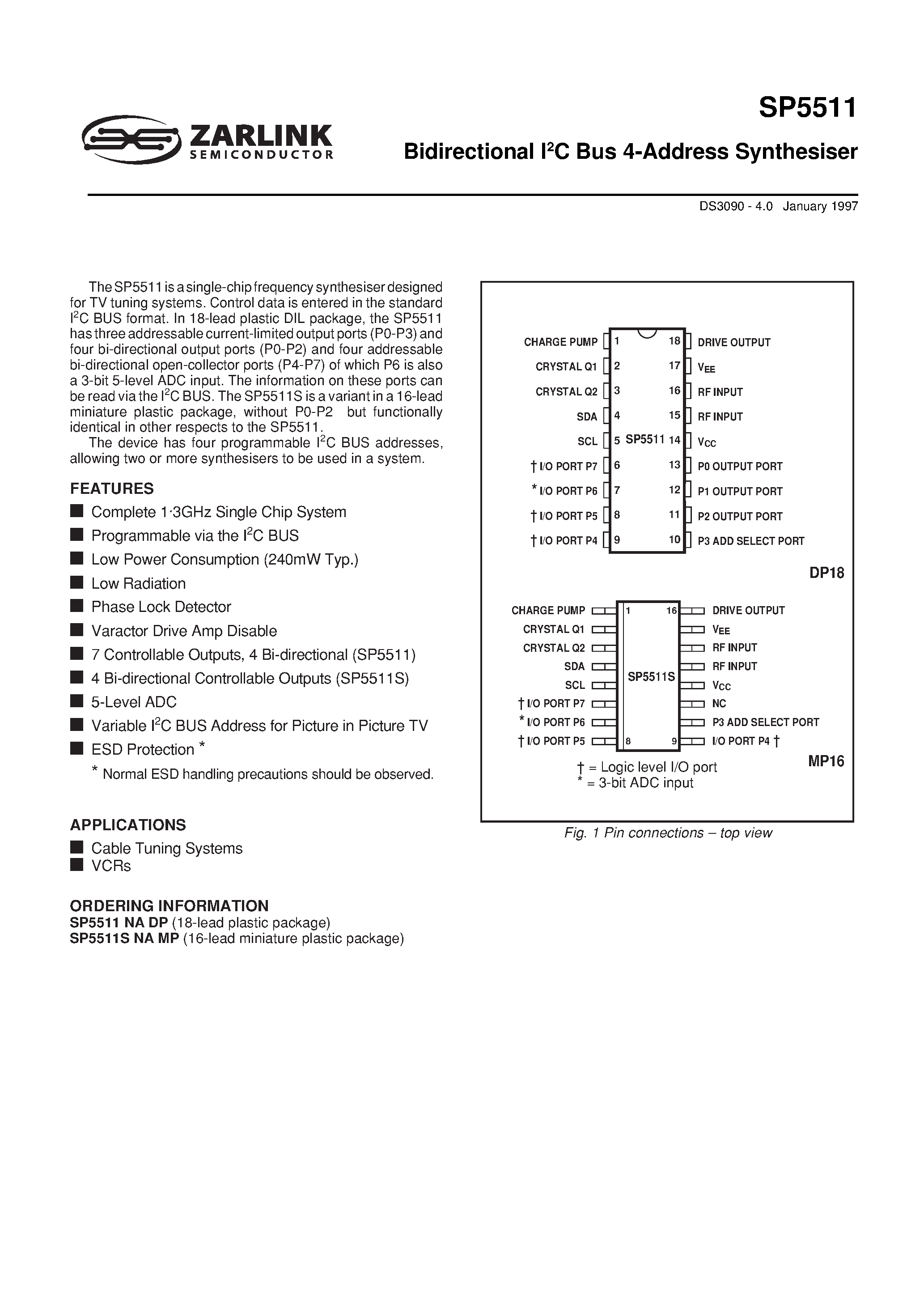 Datasheet SP5511NADP - Bidirectional I2C Bus 4-Address Synthesiser page 1