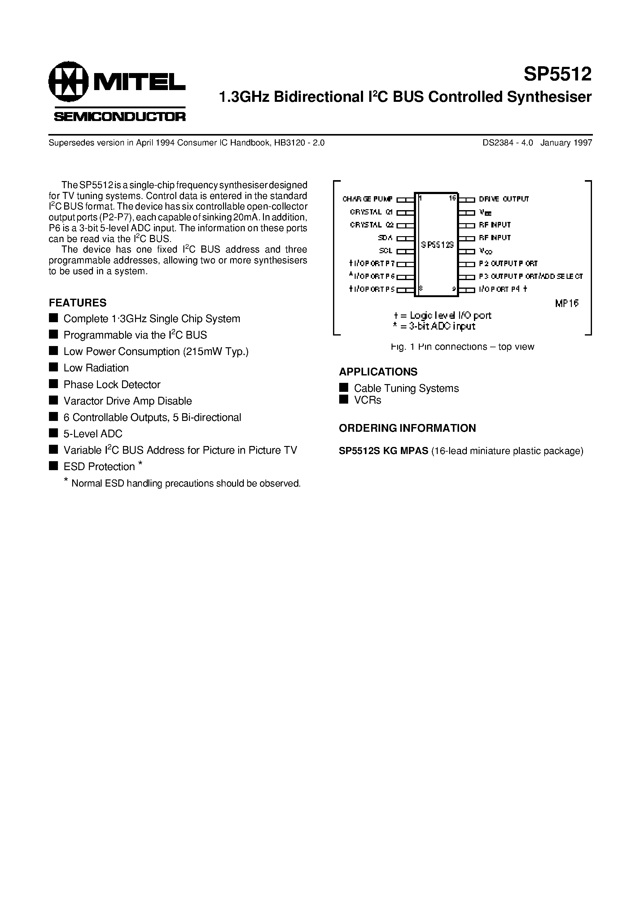 Datasheet SP5512SKGMPAS - 1.3GHz Bidirectional I2C BUS Controlled Synthesiser page 1