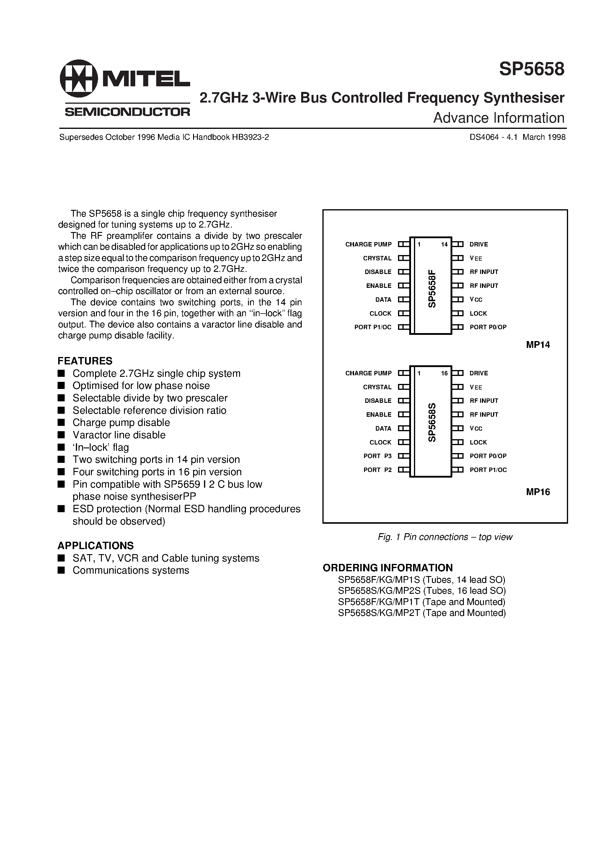 Datasheet SP5658 - 2.7GHz 3-Wire Bus Controlled Frequency Synthesiser page 1