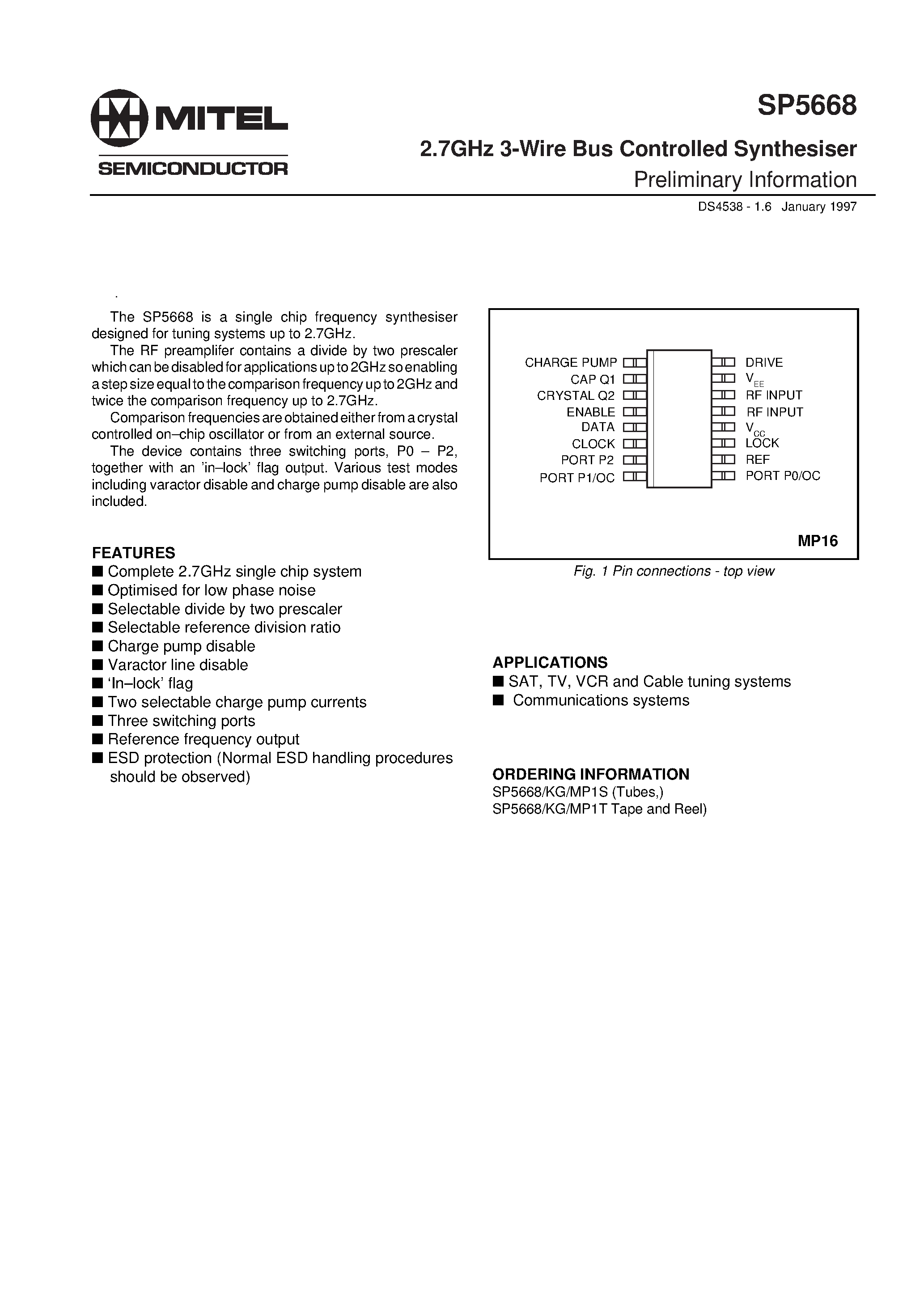 Datasheet SP5668KG - 2.7GHz 3-Wire Bus Controlled Synthesiser page 1