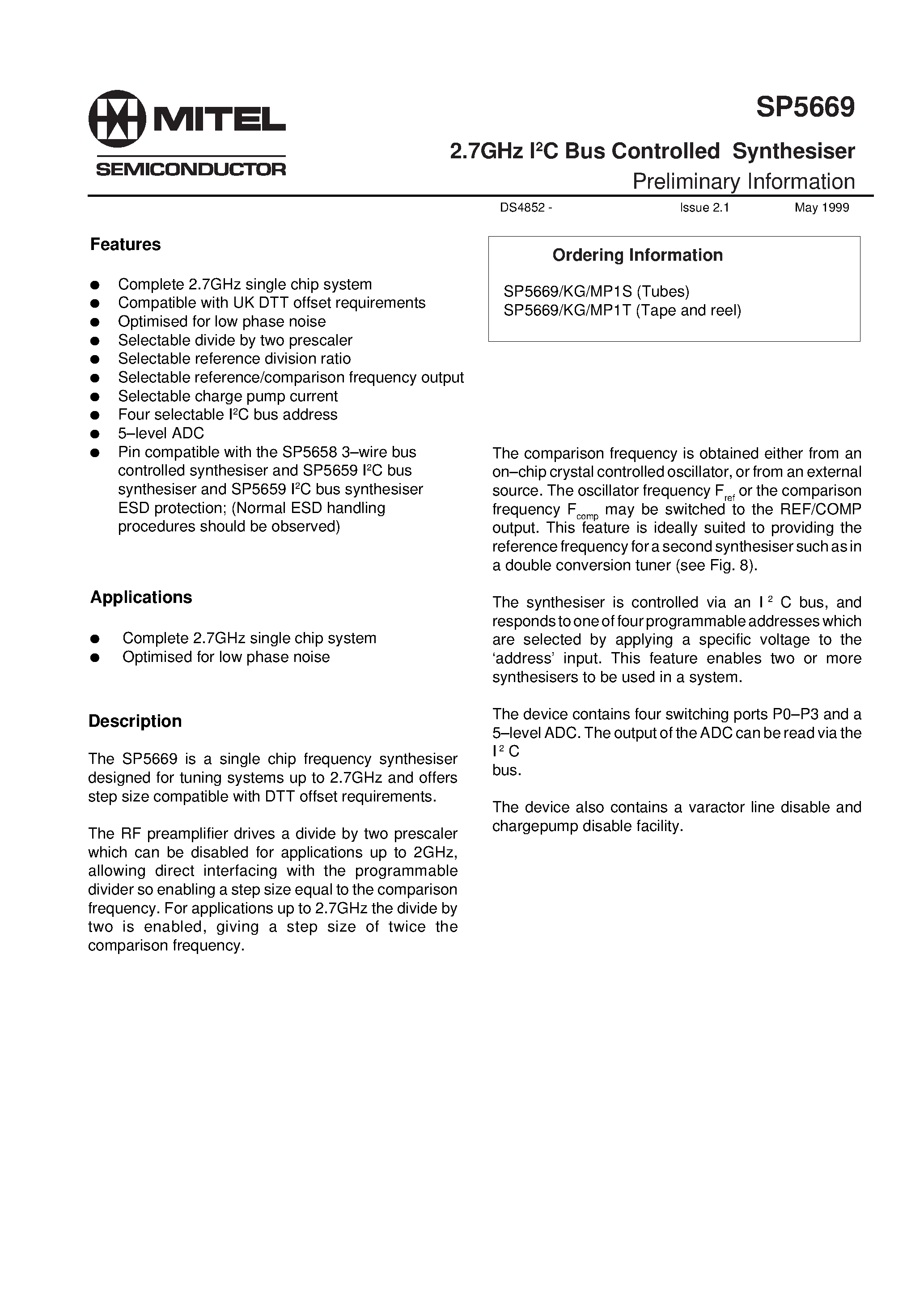 Datasheet SP5669KG - 2.7GHz I2C Bus Controlled Synthesiser page 1