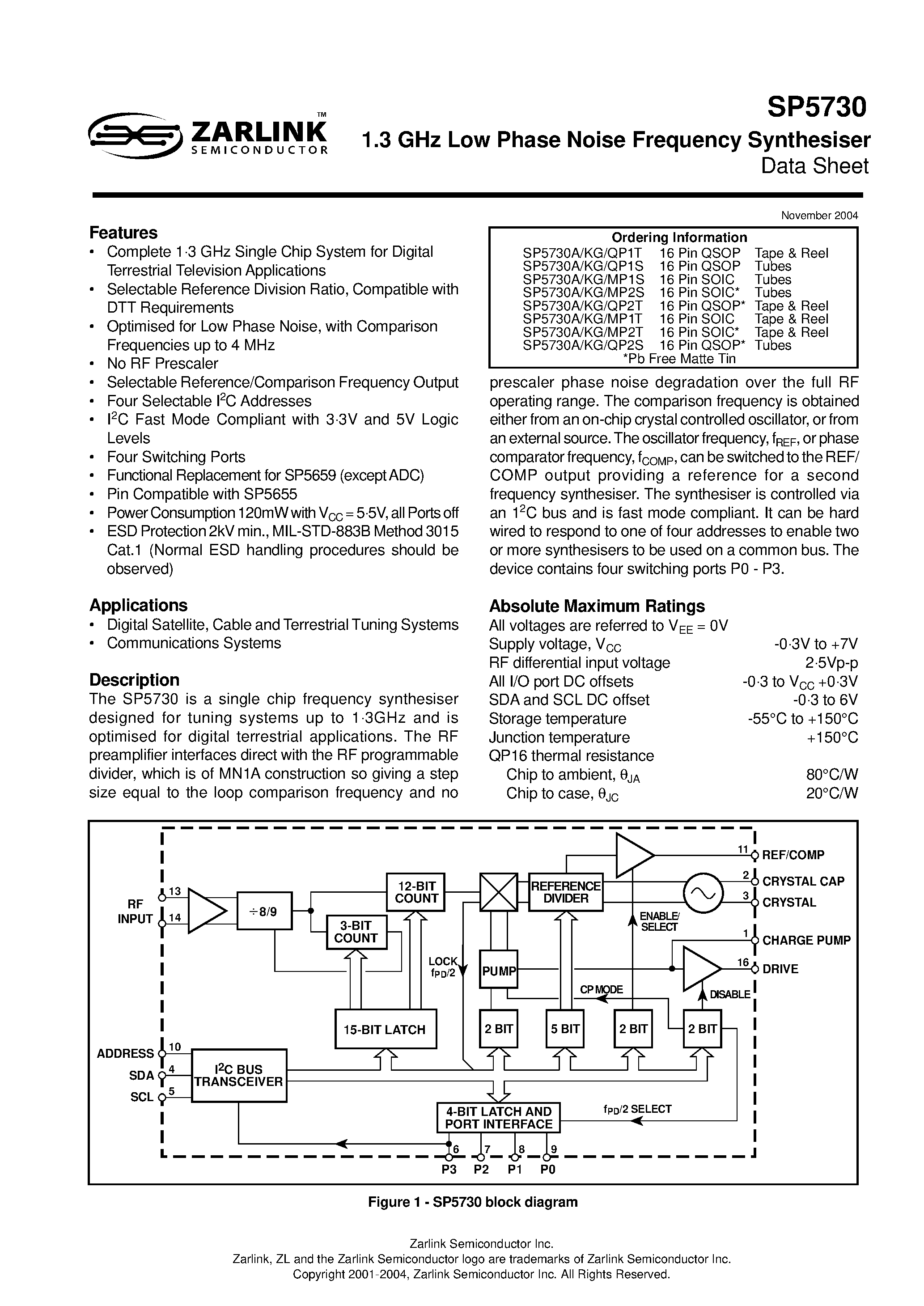 Datasheet SP5730 - 1.3 GHz Low Phase Noise Frequency Synthesiser page 1