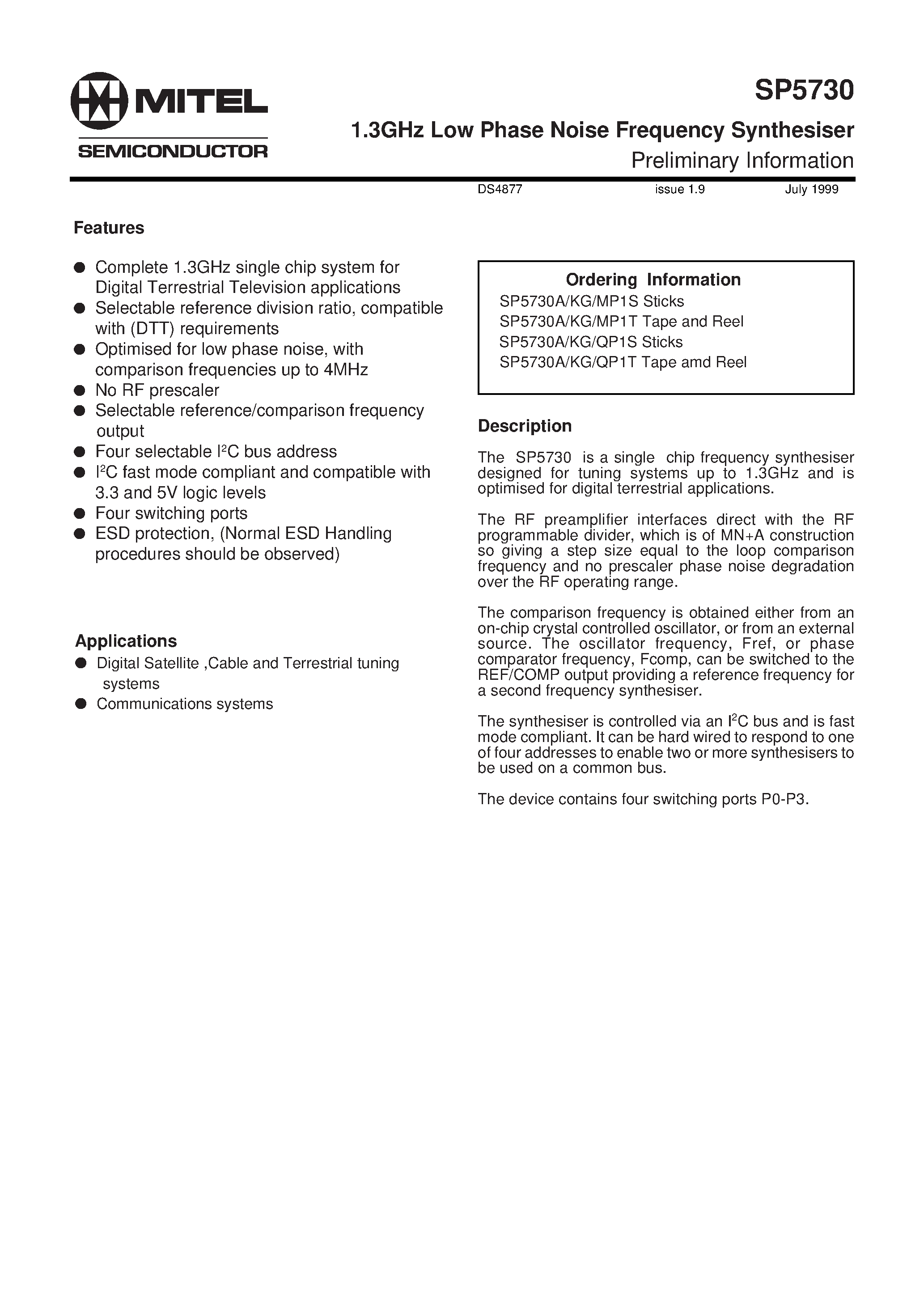 Datasheet SP5730QP1T - 1.3GHz Low Phase Noise Frequency Synthesiser page 1
