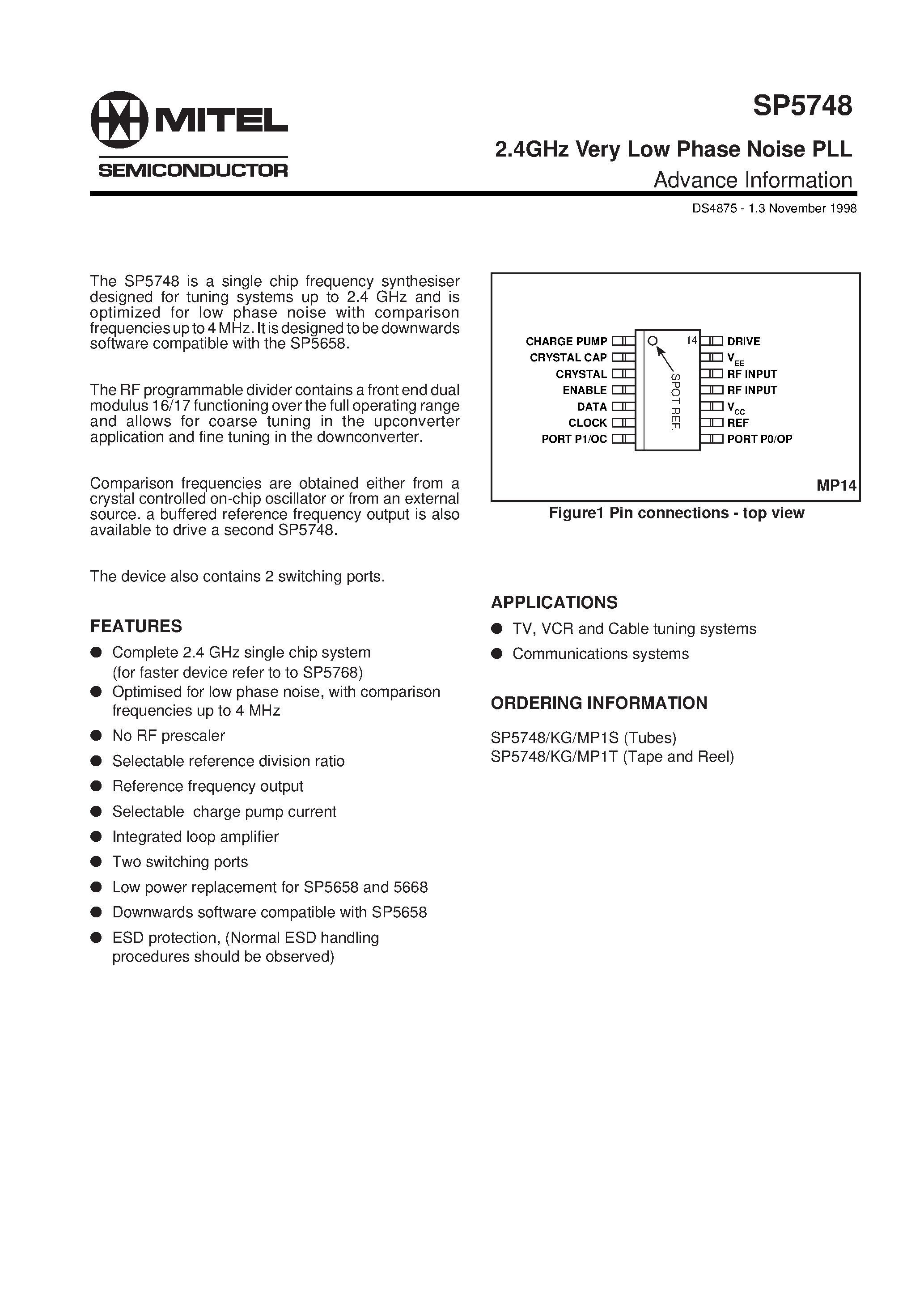 Datasheet SP5748KG - 2.4GHz Very Low Phase Noise PLL page 1
