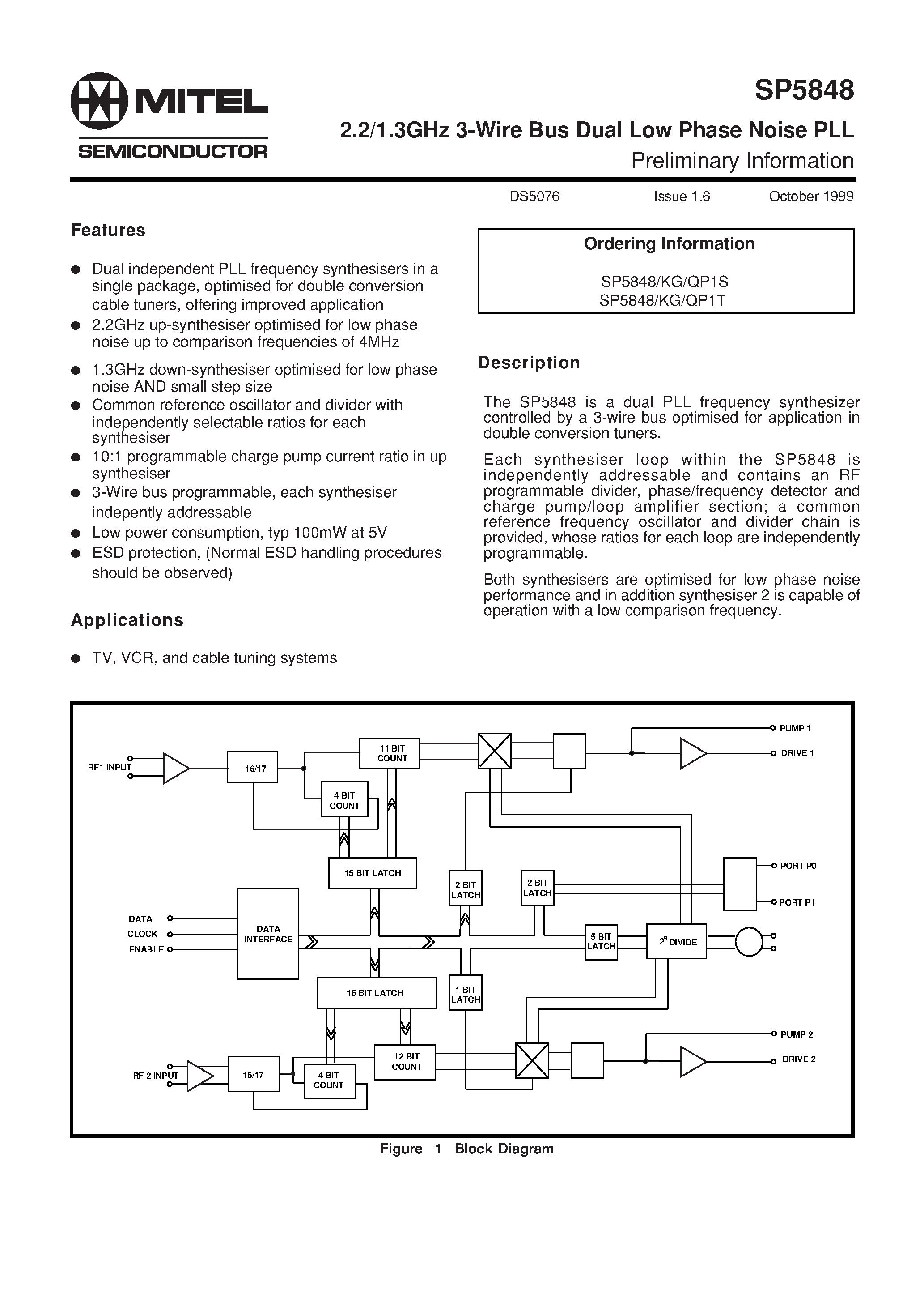 Datasheet SP5848KGQP1S - 2.2/1.3GHz 3-Wire Bus Dual Low Phase Noise PLL page 1