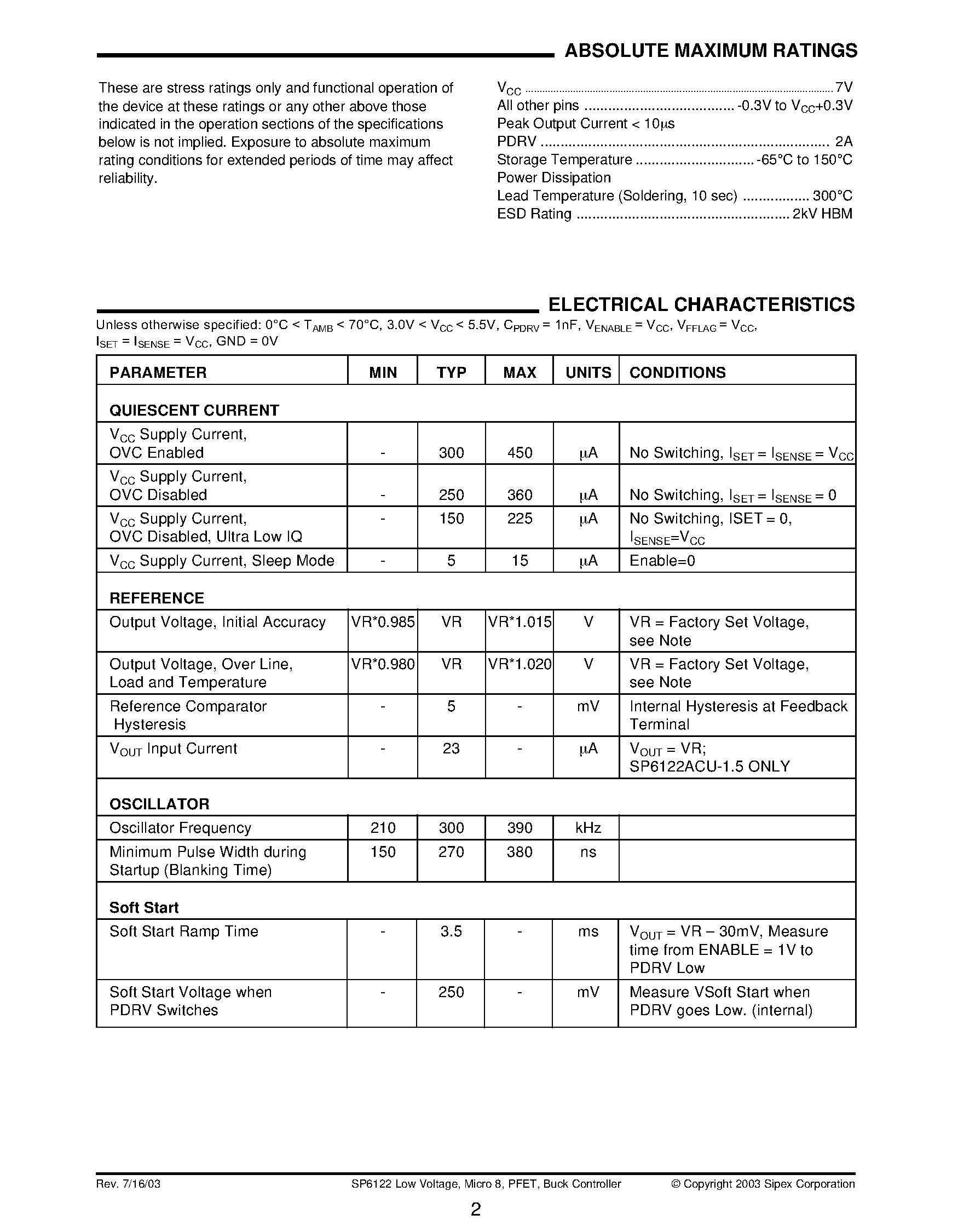 Даташит SP6122 - Low Voltage / Micro 8 / PFET / Buck Controller Ideal for 1A to 5A / Small Footprint / DC-DC Power Converters страница 2