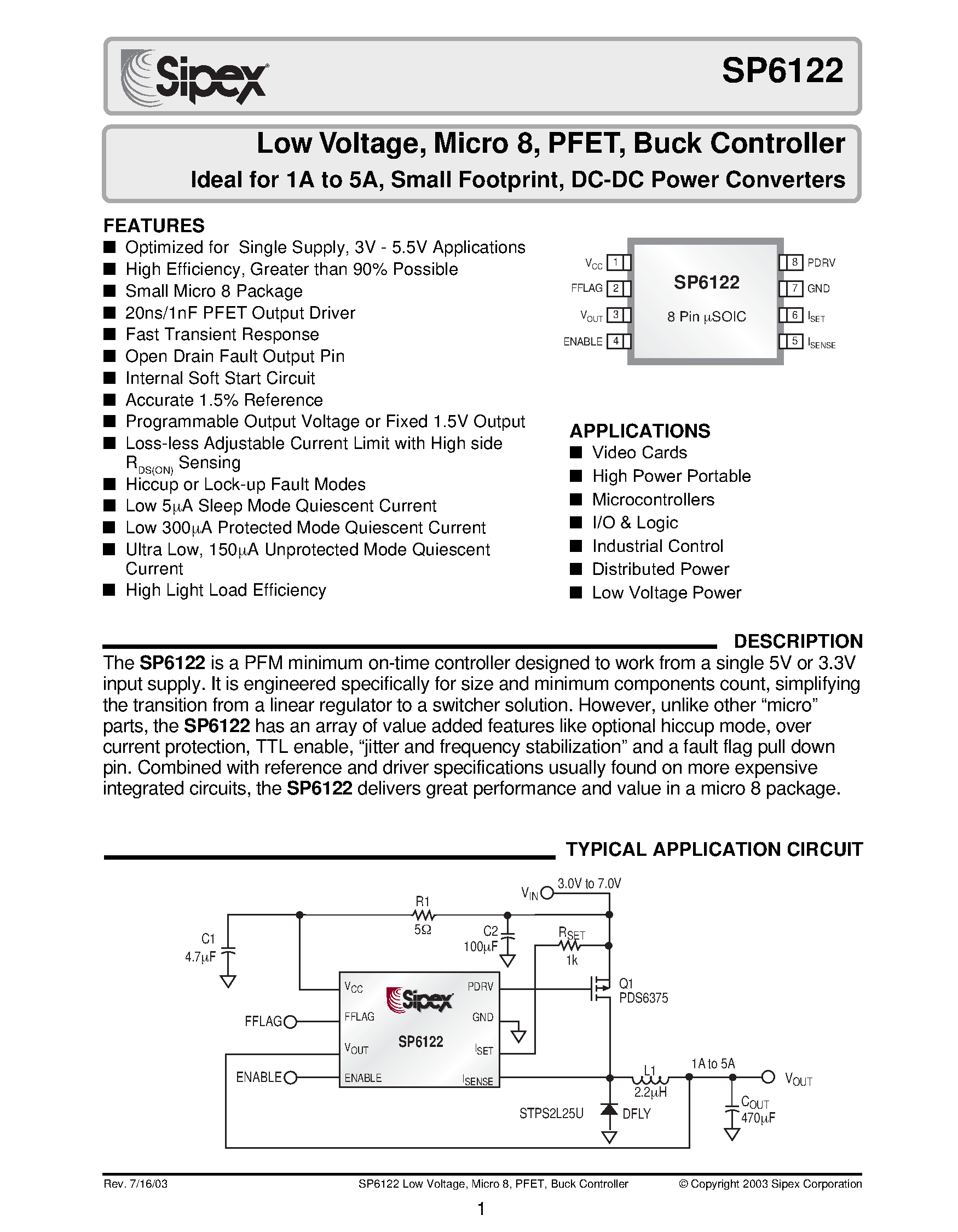 Даташит SP6122ACU/TR - Low Voltage / Micro 8 / PFET / Buck Controller Ideal for 1A to 5A / Small Footprint / DC-DC Power Converters страница 1