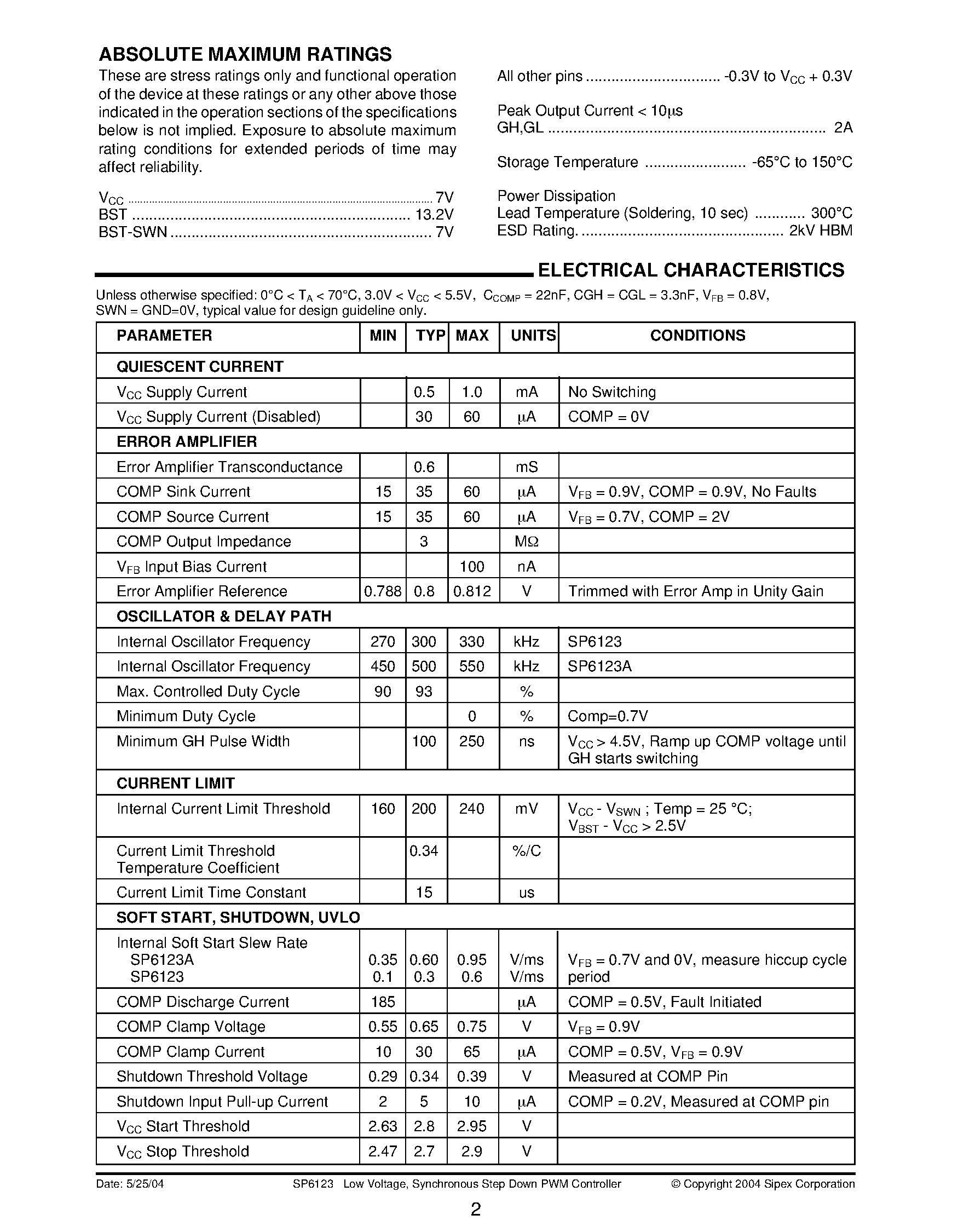 Datasheet SP6123A - Low Voltage / Synchronous Step-Down PWM Controller Ideal for 2A to 10A / Small Footprint / DC-DC Power Converters page 2