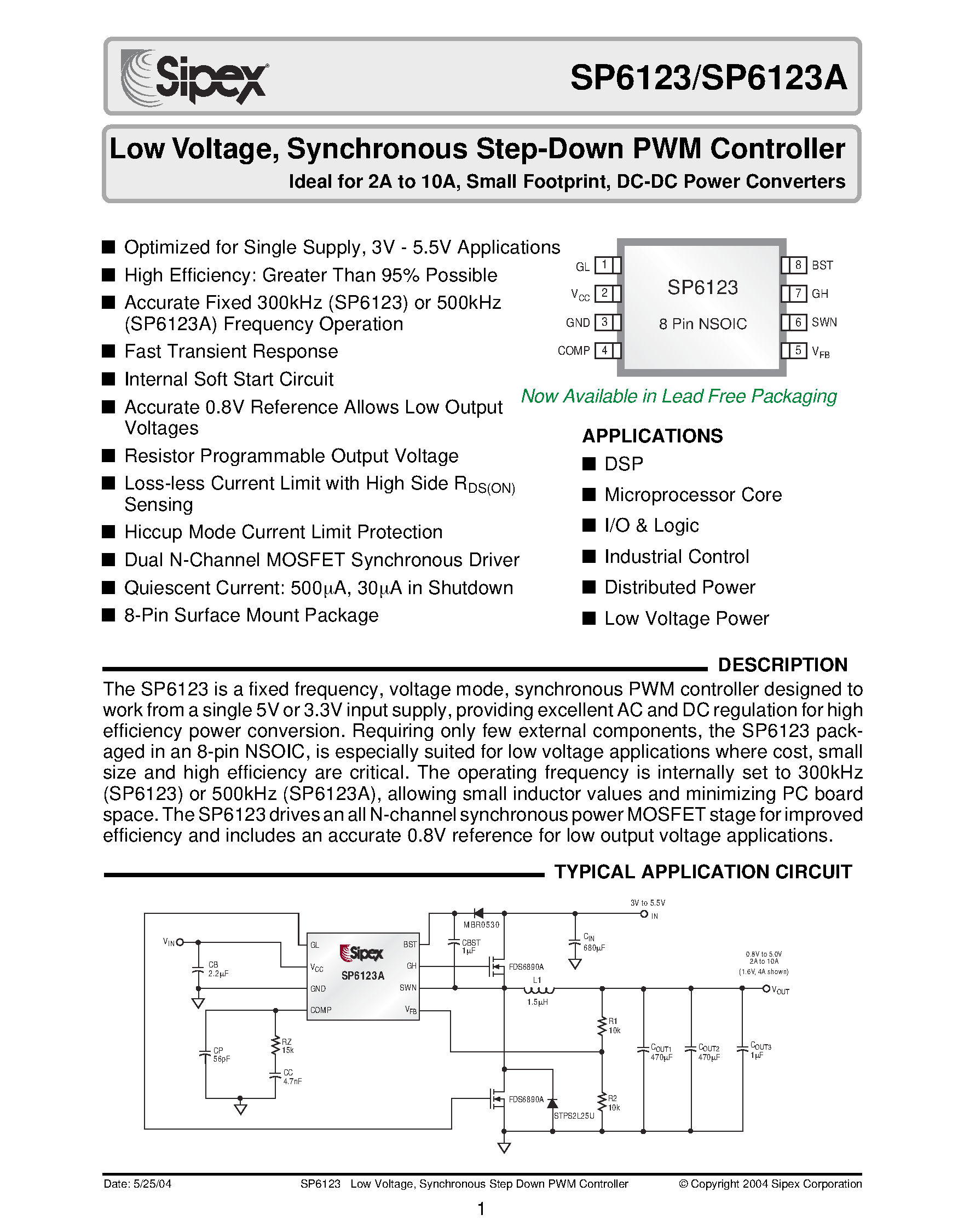 Datasheet SP6123CN - Low Voltage / Synchronous Step-Down PWM Controller Ideal for 2A to 10A / Small Footprint / DC-DC Power Converters page 1