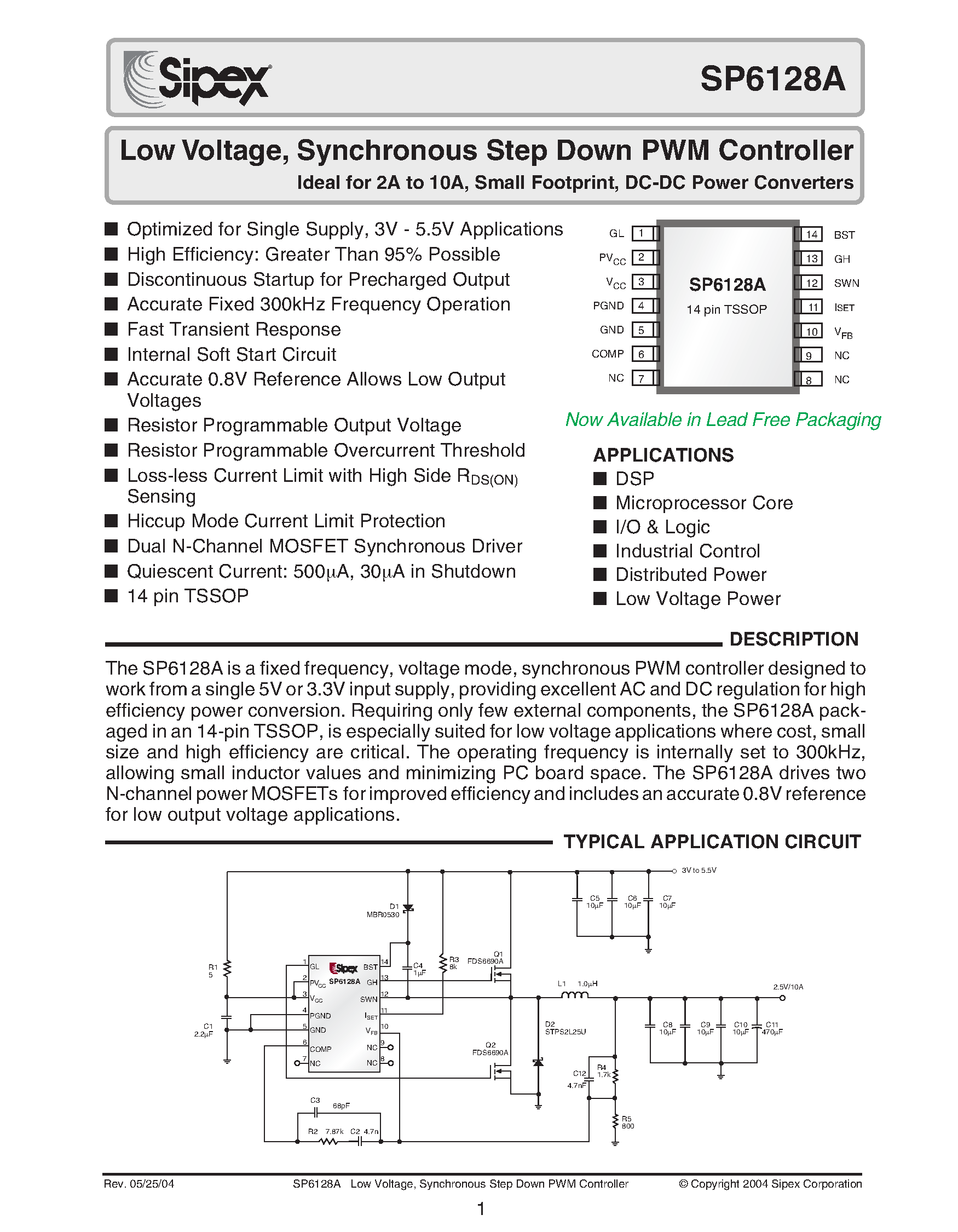 Datasheet SP6128A - Low Voltage / Synchronous Step Down PWM Controller Ideal for 2A to 10A / Small Footprint / DC-DC Power Converters page 1