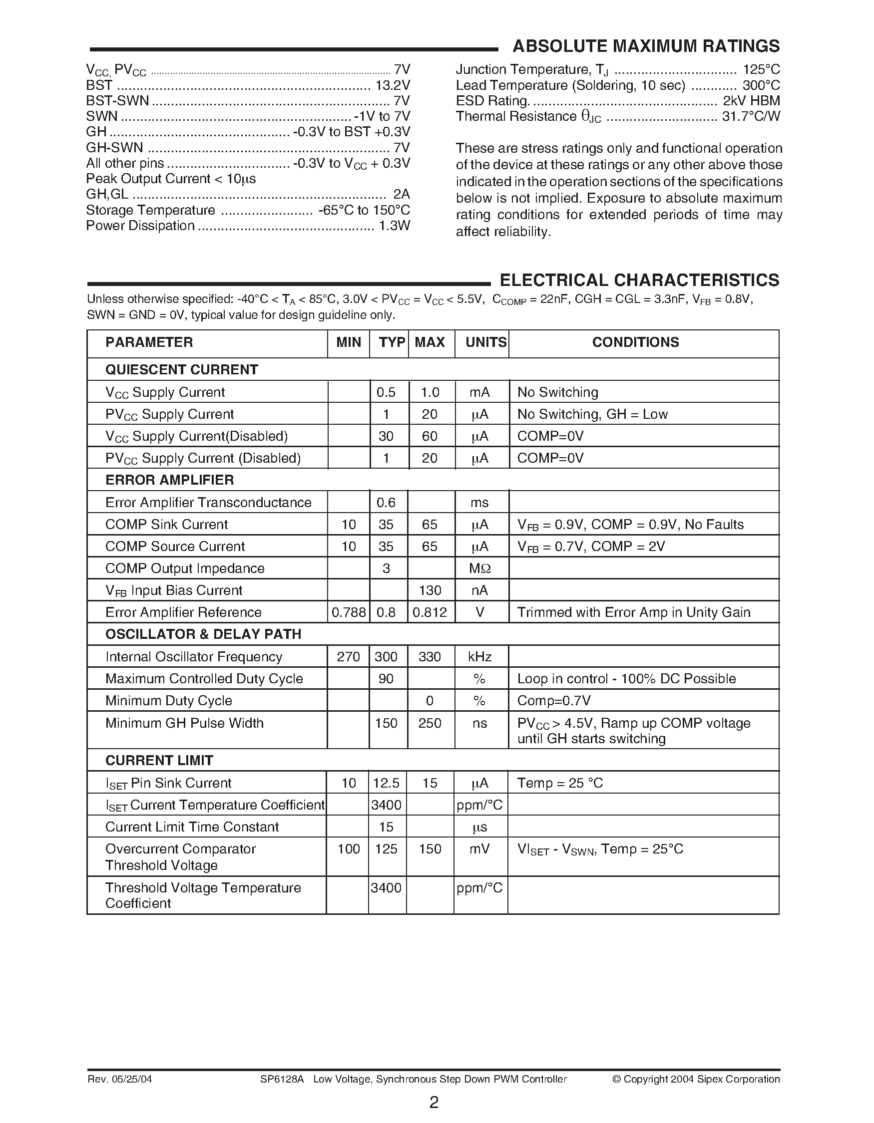 Datasheet SP6128A - Low Voltage / Synchronous Step Down PWM Controller Ideal for 2A to 10A / Small Footprint / DC-DC Power Converters page 2