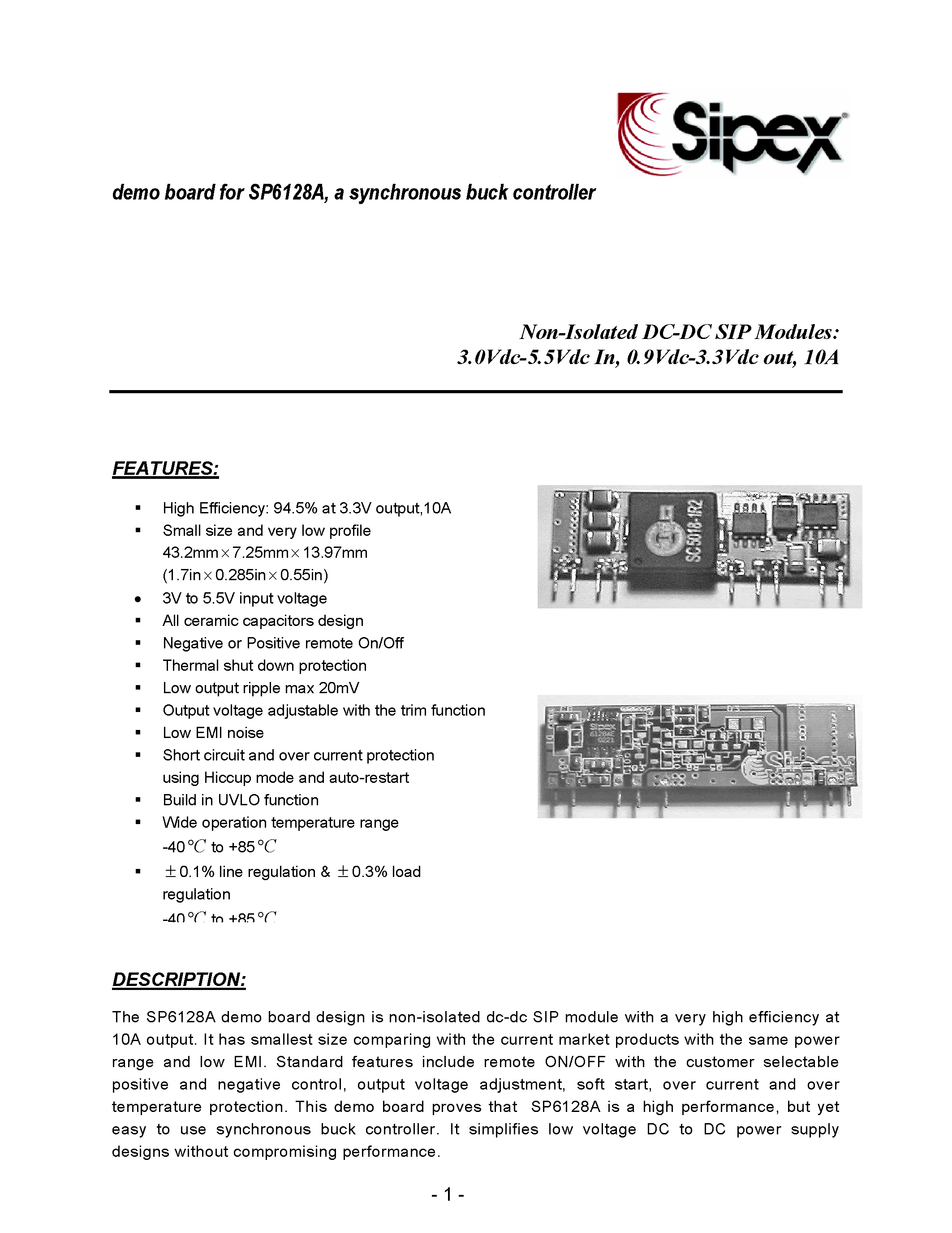 Datasheet SP6128AB - Non-Isolated DC-DC SIP Modules:3.0Vdc-5.5Vdc In / 0.9Vdc-3.3Vdc out / 10A page 1