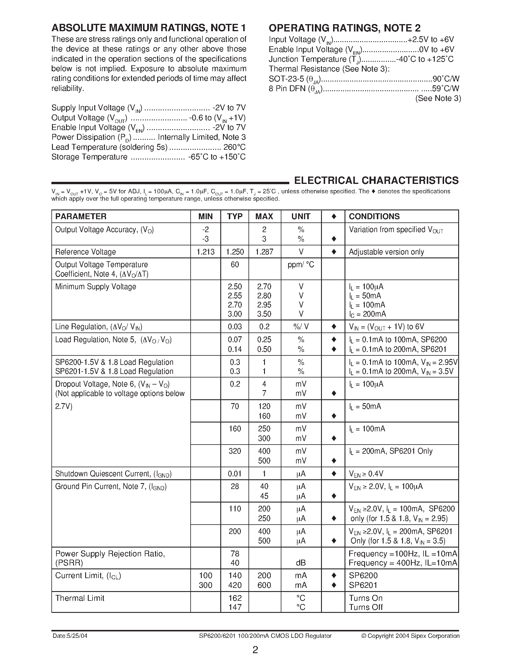 Datasheet SP6200EM5-2.85/TR - Micropower / 100mA and 200mA CMOS LDO Regulators page 2