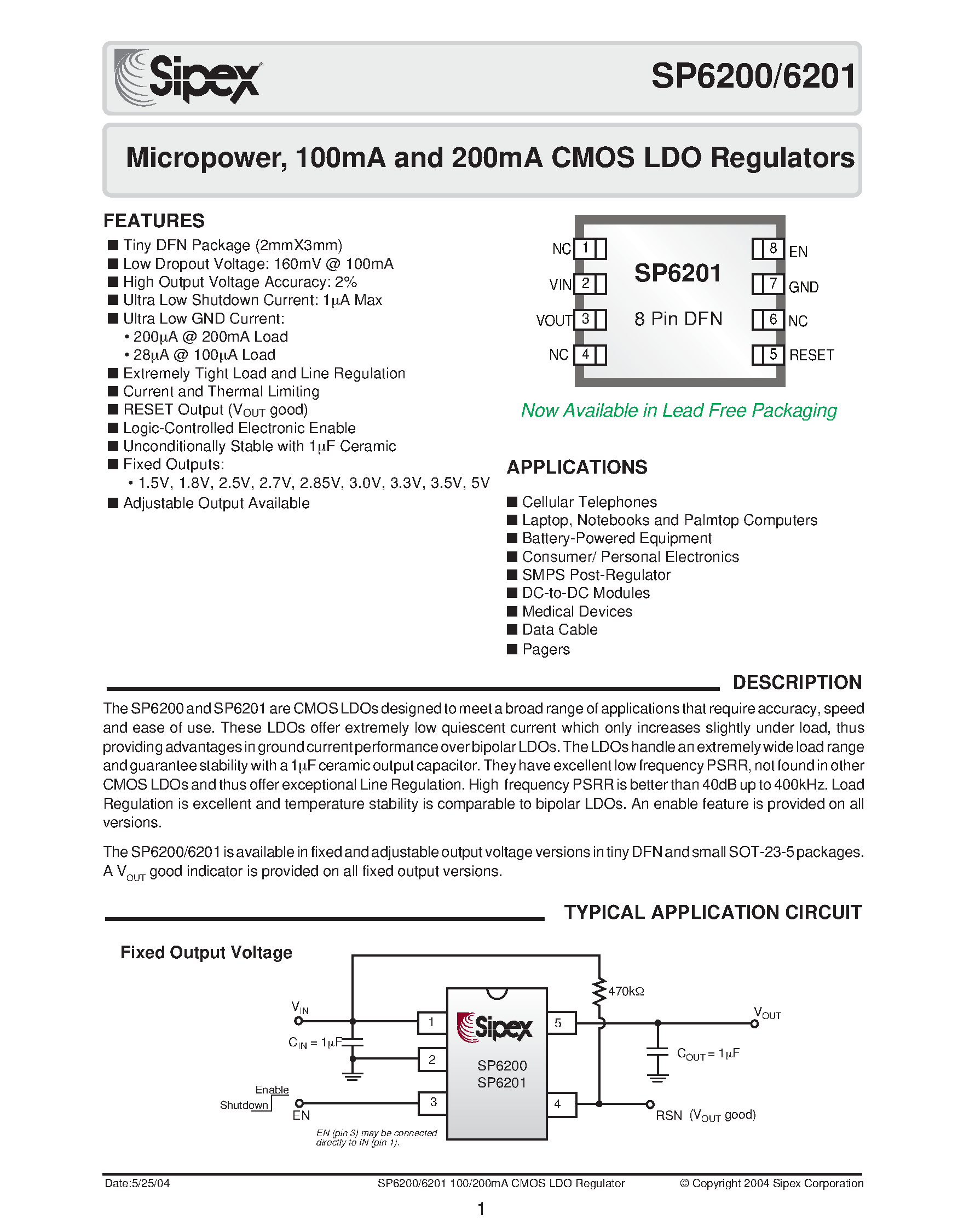 Datasheet SP6201EM5-3.5/TR - Micropower / 100mA and 200mA CMOS LDO Regulators page 1