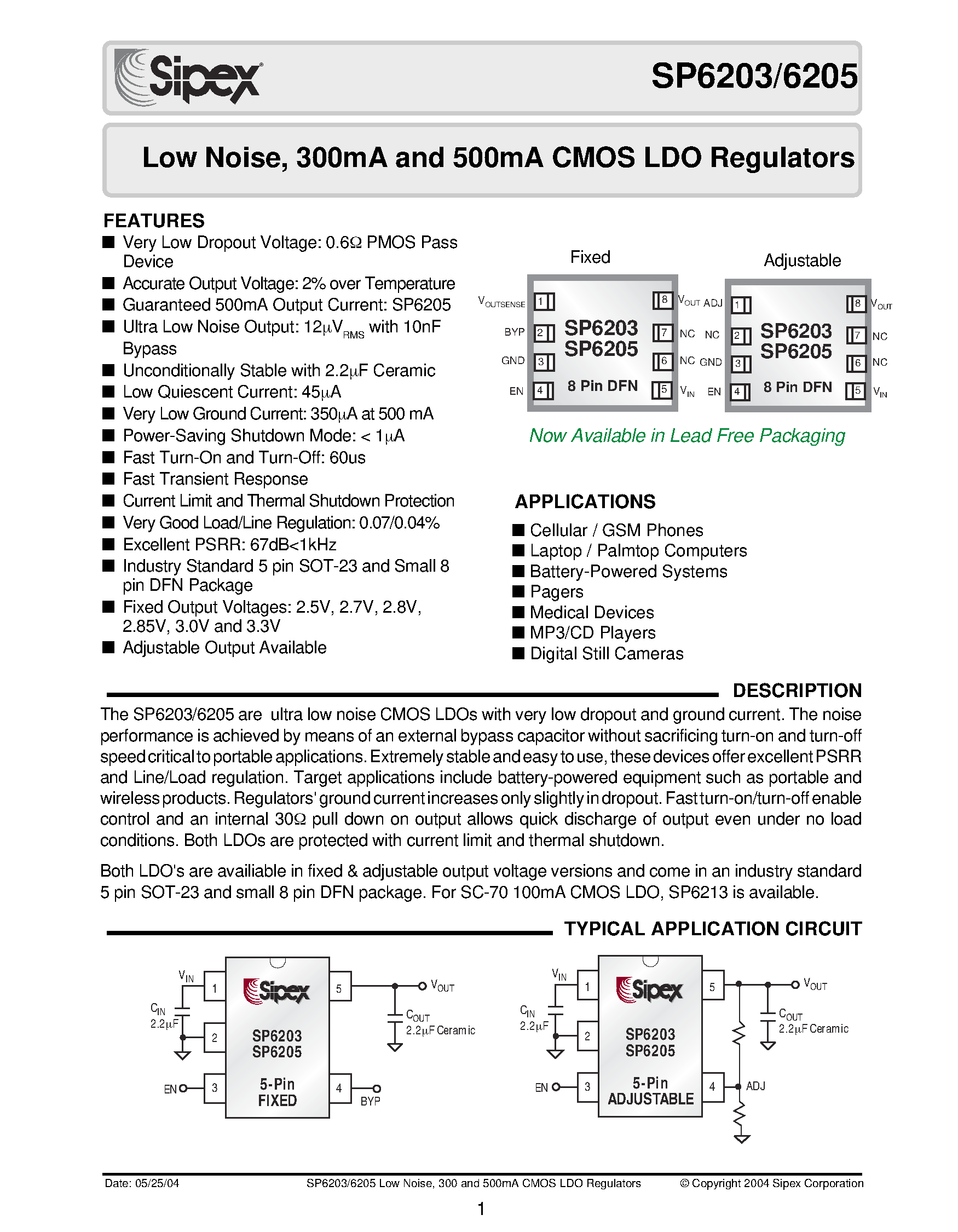 Datasheet SP6205EM5-3.0 - Low Noise / 300mA and 500mA CMOS LDO Regulators page 1