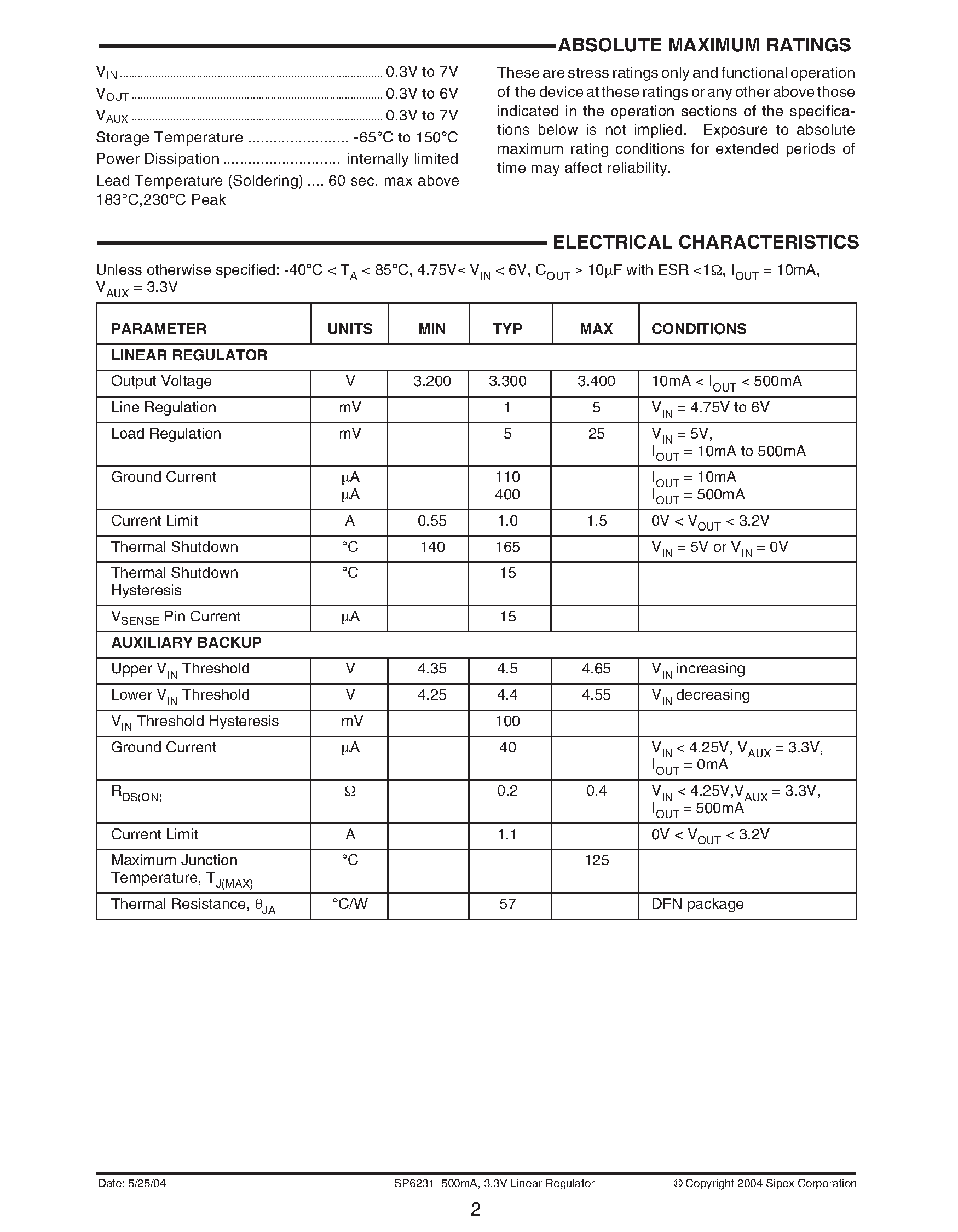 Datasheet SP6231 - 500mA / 3.3V Linear Regulator with Auxiliary Backup page 2