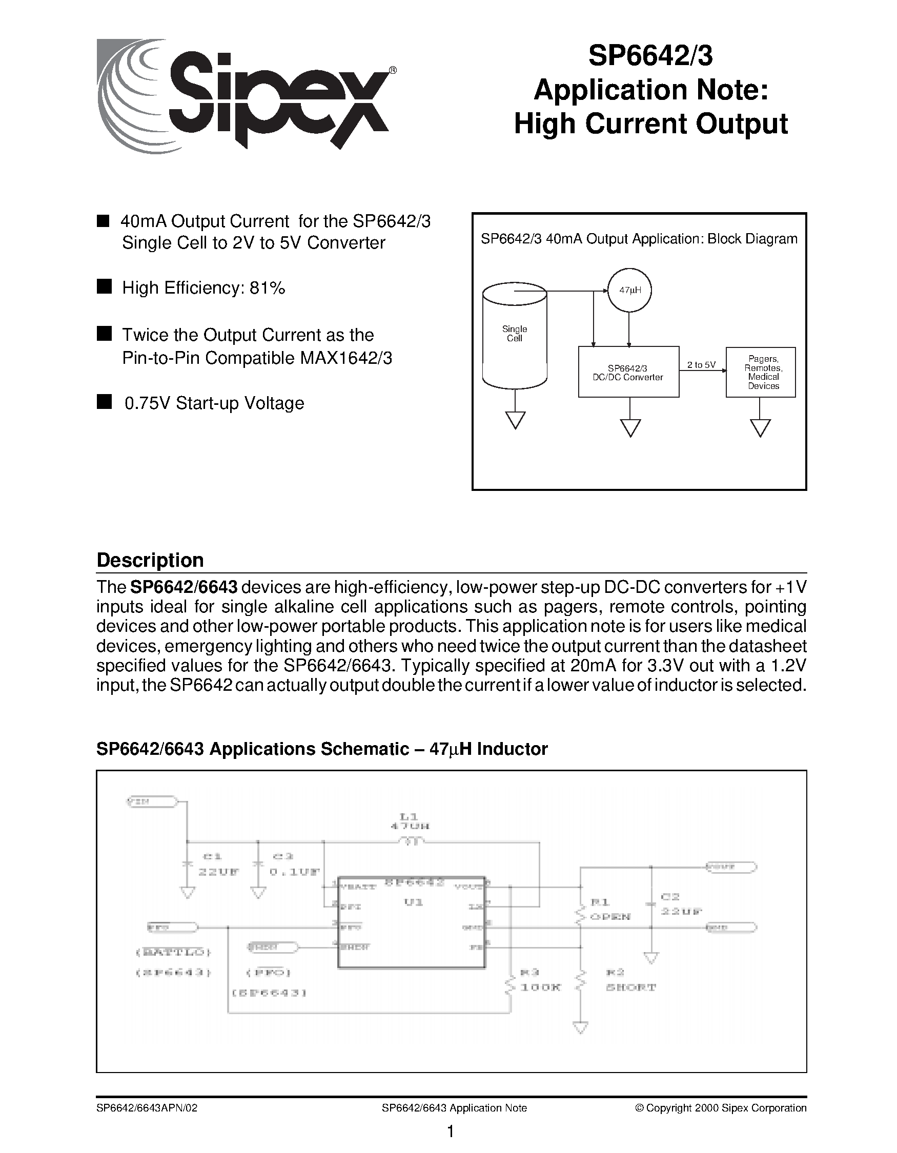 Datasheet SP6642 page 1 Datasheet SP6642 - Single Alkaline Cell / High Efficiency Step-Up DC-DC Converter page 1