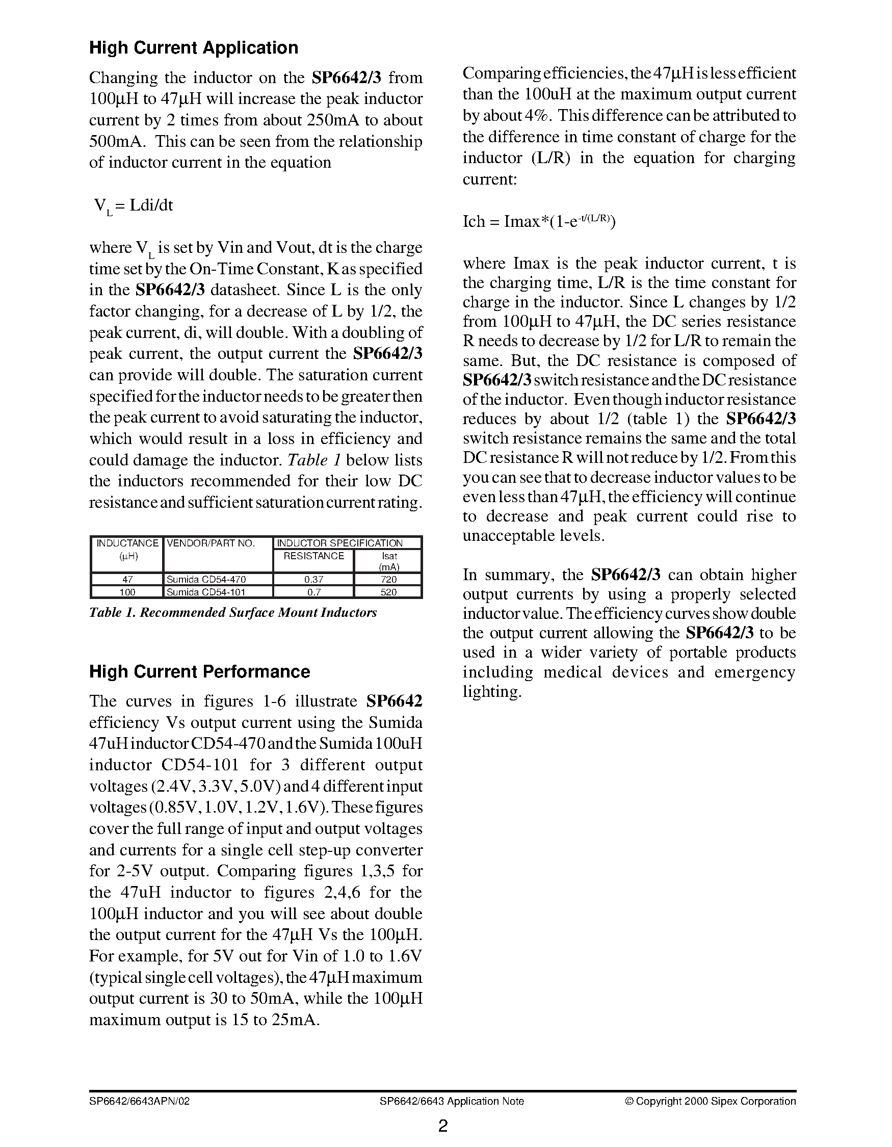 Datasheet SP6642 page 2 Datasheet SP6642 - Single Alkaline Cell / High Efficiency Step-Up DC-DC Converter page 2