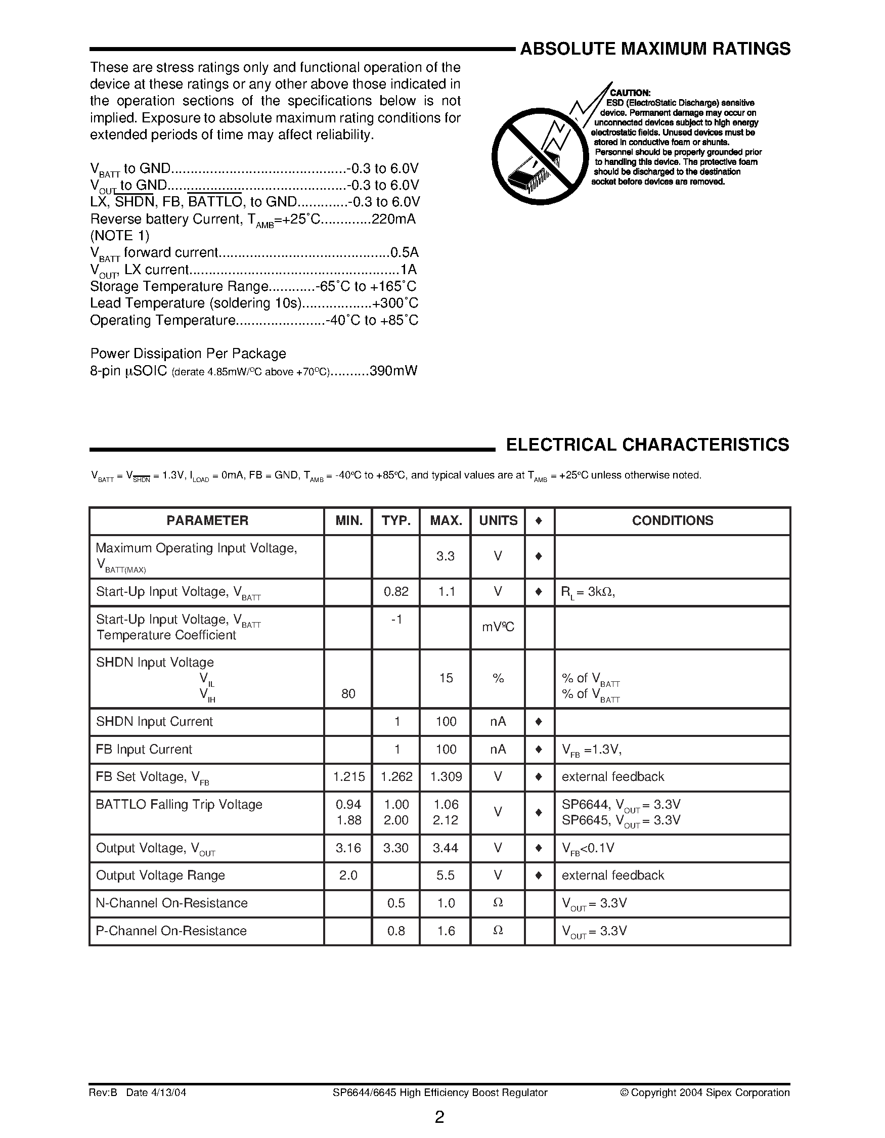 Datasheet SP6645EU page 2 Datasheet SP6645EU - Single/Dual Alkaline Cell / High Efficiency Step-Up DC-DC Converter page 2