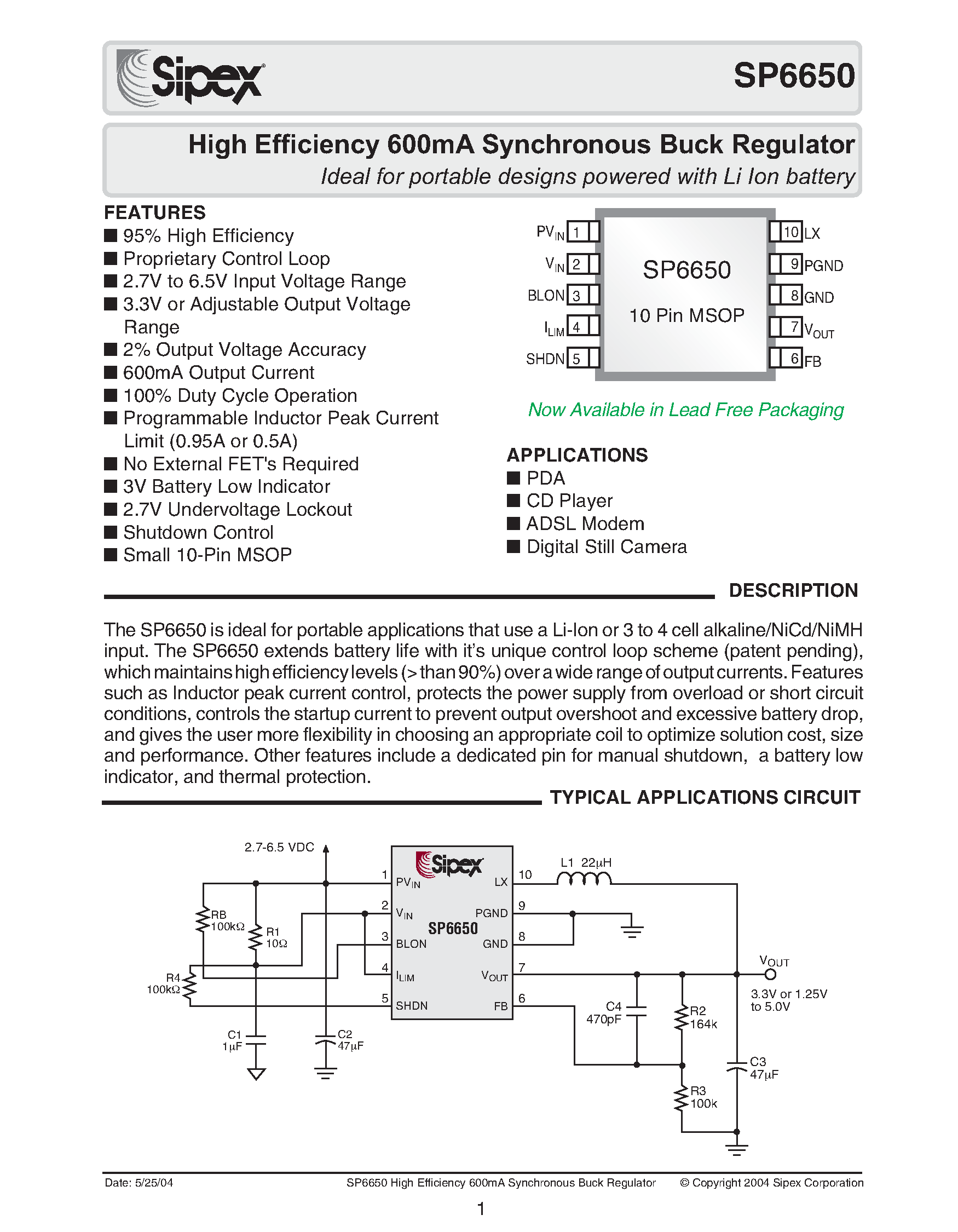 Datasheet SP6650 - High Efficiency 600mA Synchronous Buck Regulator Ideal for portable designs powered with Li Ion battery page 1