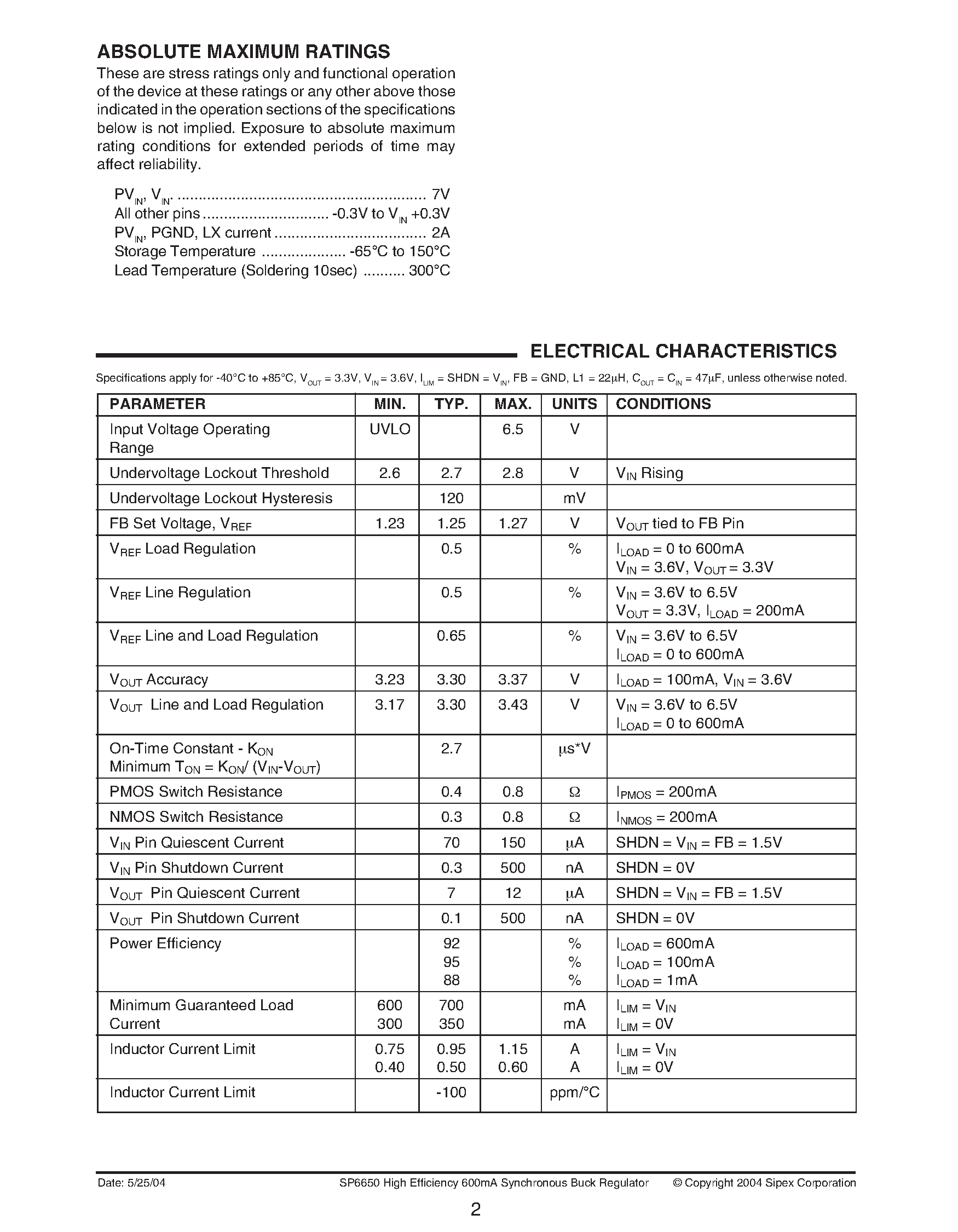 Datasheet SP6650 - High Efficiency 600mA Synchronous Buck Regulator Ideal for portable designs powered with Li Ion battery page 2
