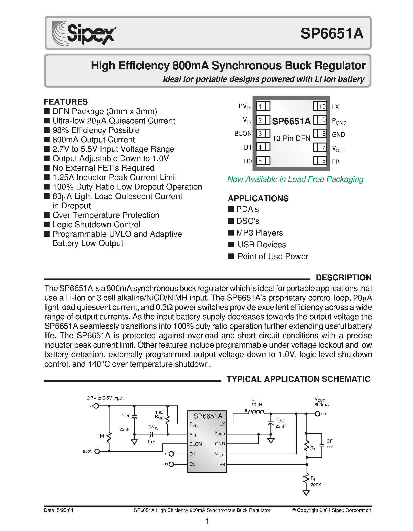 Datasheet SP6651A - High Efficiency 800mA Synchronous Buck Regulator Ideal for portable designs powered with Li Ion battery page 1