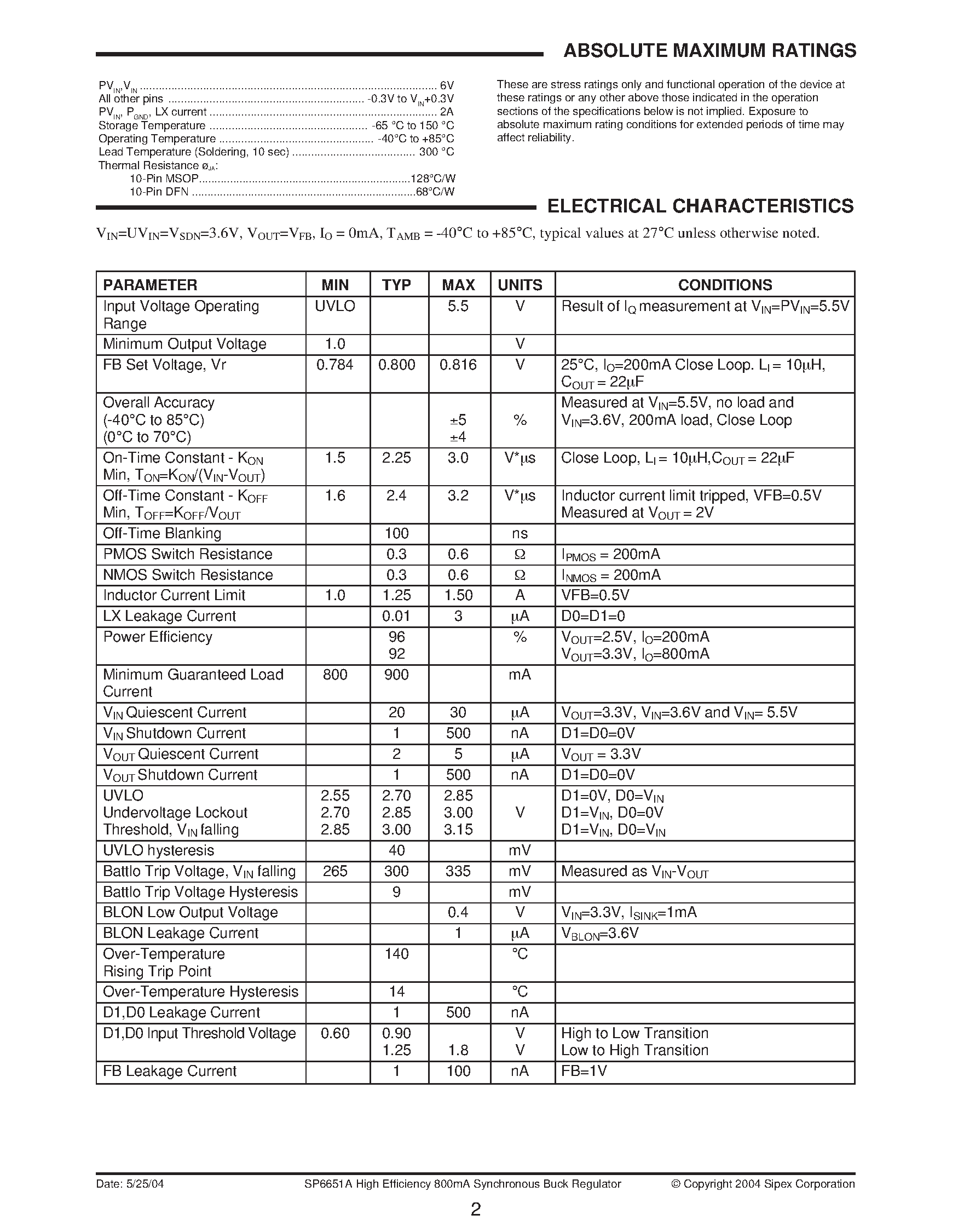 Datasheet SP6651A - High Efficiency 800mA Synchronous Buck Regulator Ideal for portable designs powered with Li Ion battery page 2