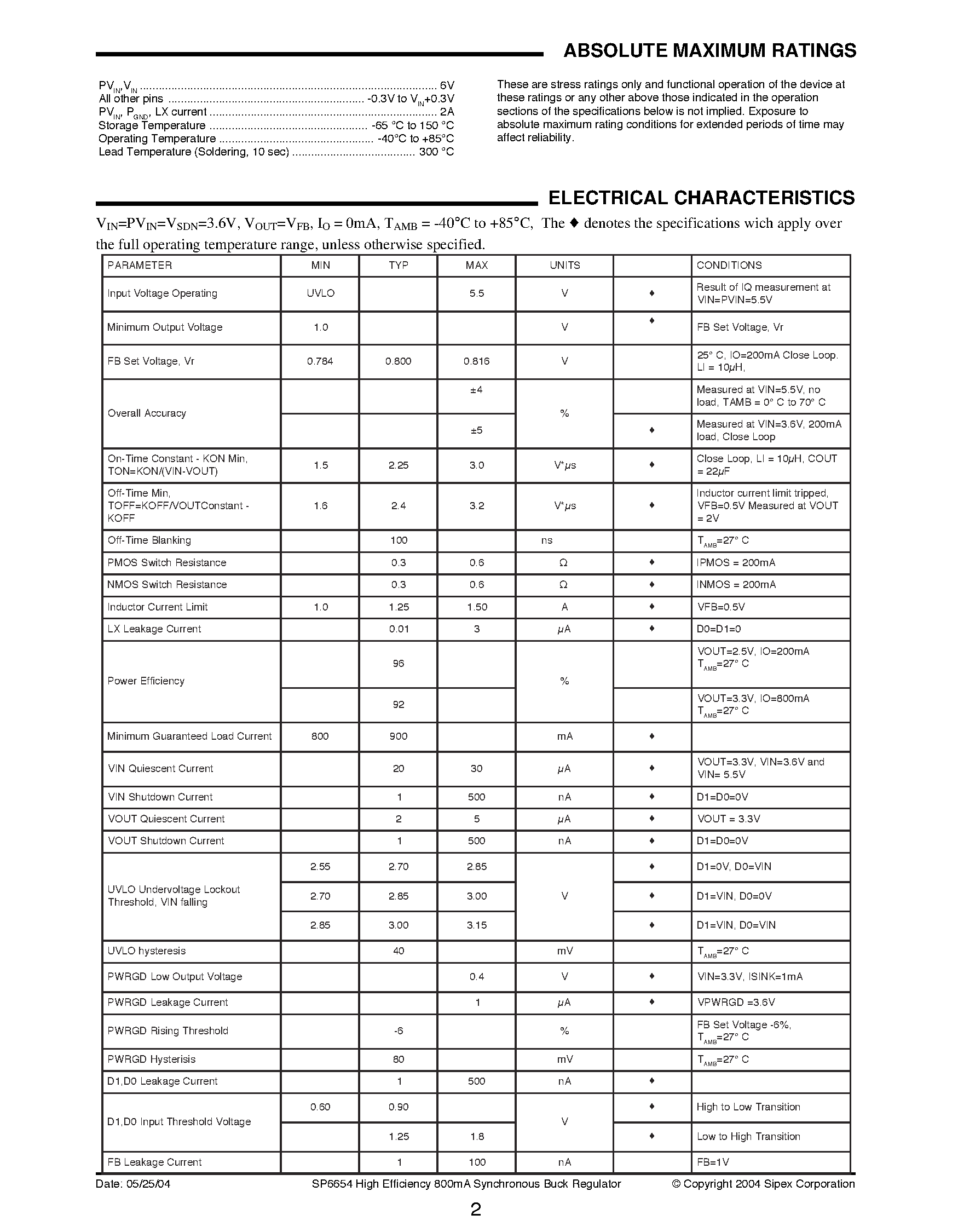 Datasheet SP6654 - High Efficiency 800mA Synchronous Buck Regulator Ideal for portable designs powered with Li Ion battery page 2