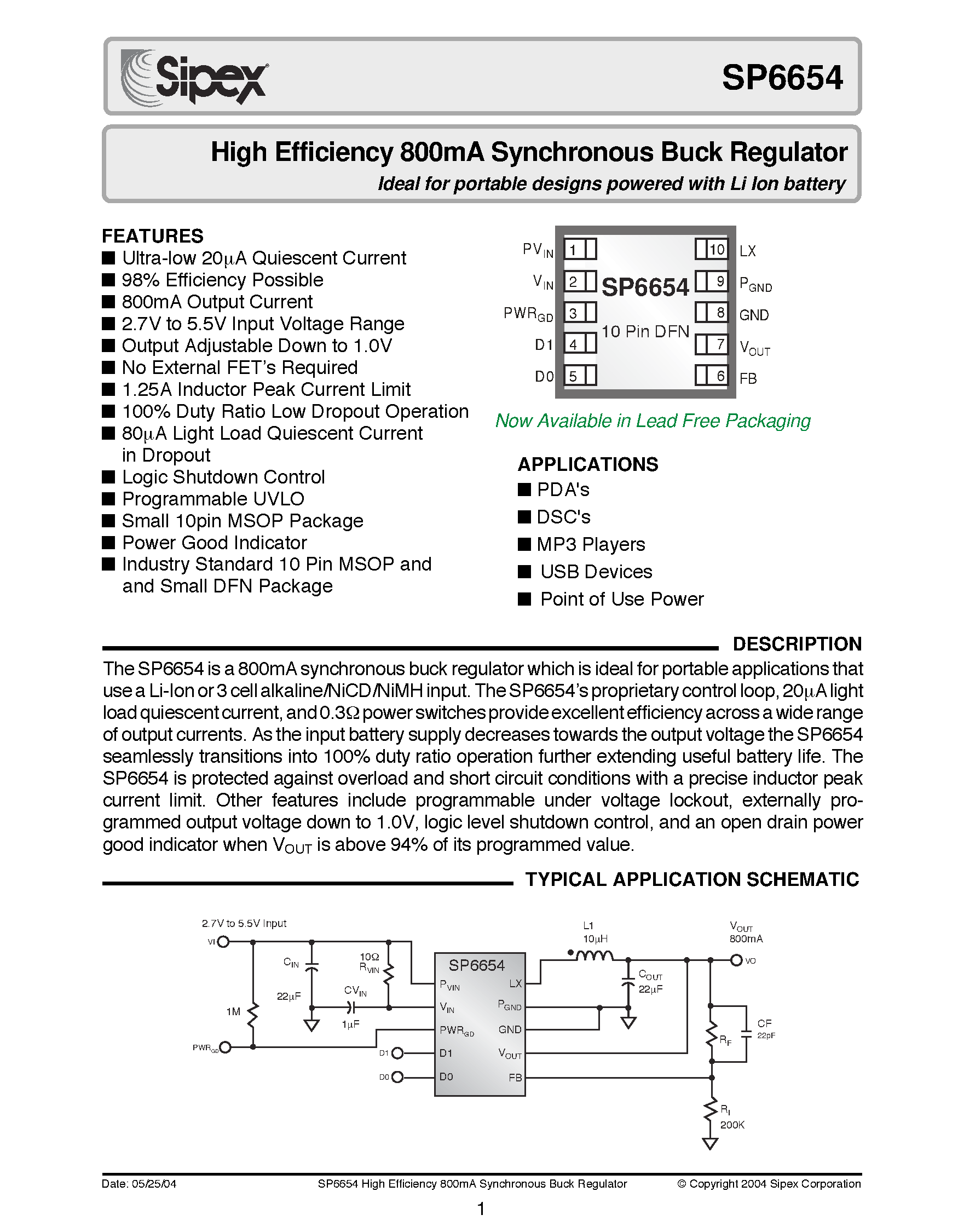 Datasheet SP6654ER/TR - High Efficiency 800mA Synchronous Buck Regulator Ideal for portable designs powered with Li Ion battery page 1